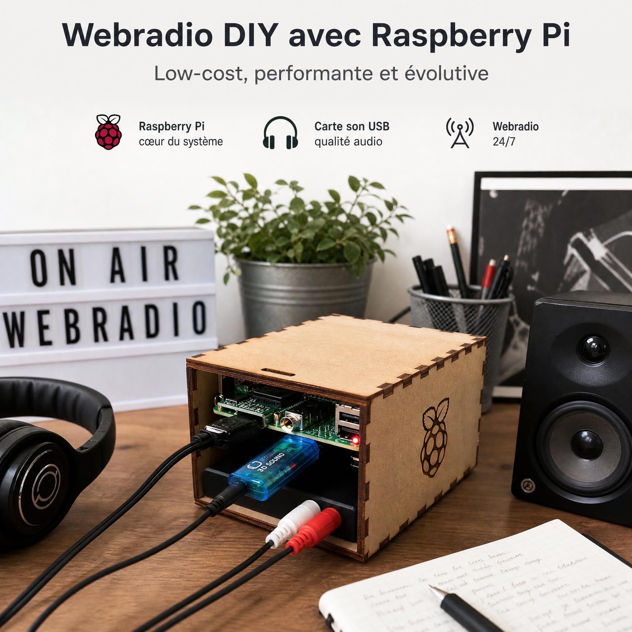 Raspberry Pi avec carte son USB connectée, câbles audio, boîtier DIY artisanal, setup webradio minimaliste sur bureau de créateur