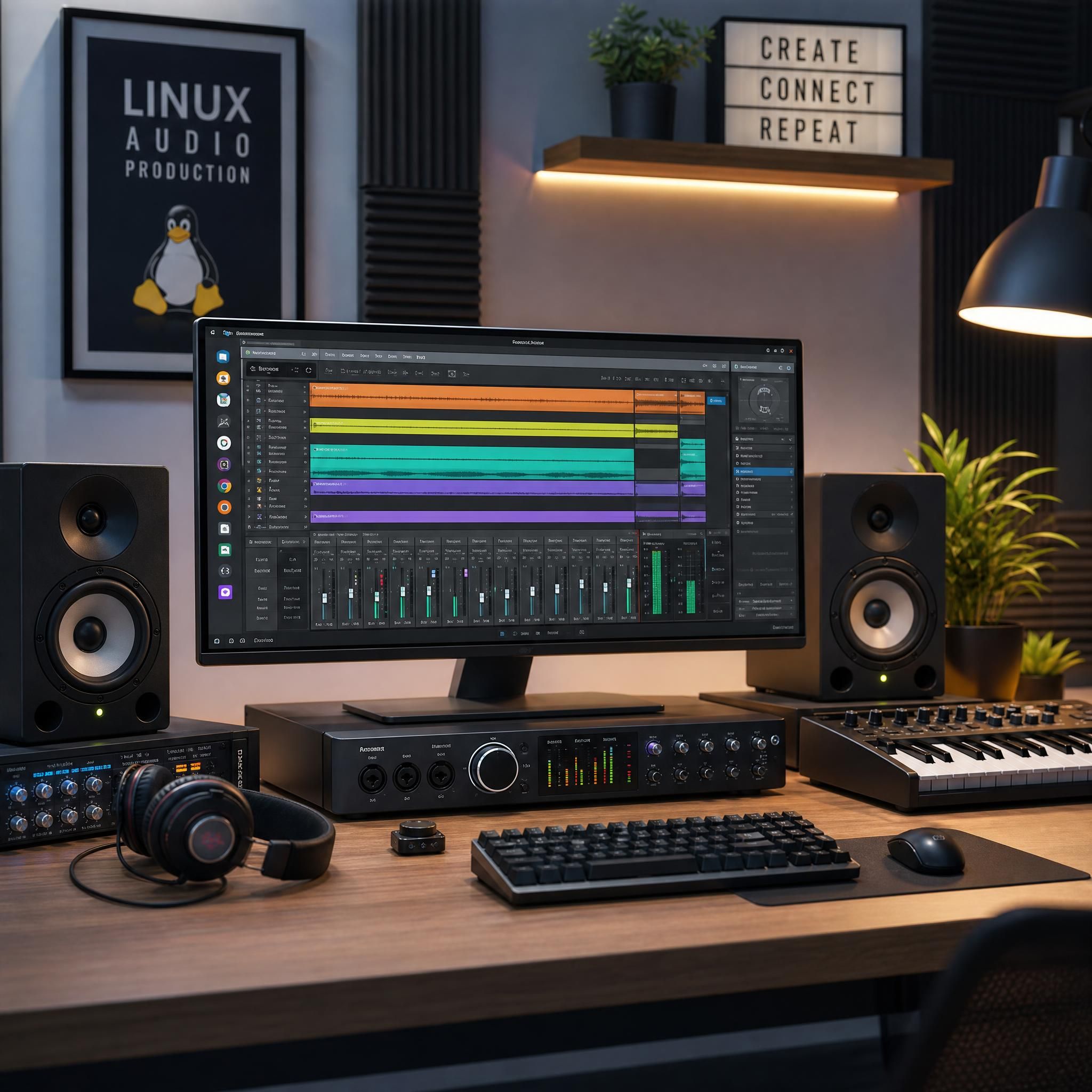 Studio de production musicale sur Linux avec interface audio et écran affichant un DAW open source, ambiance laboratoire créatif