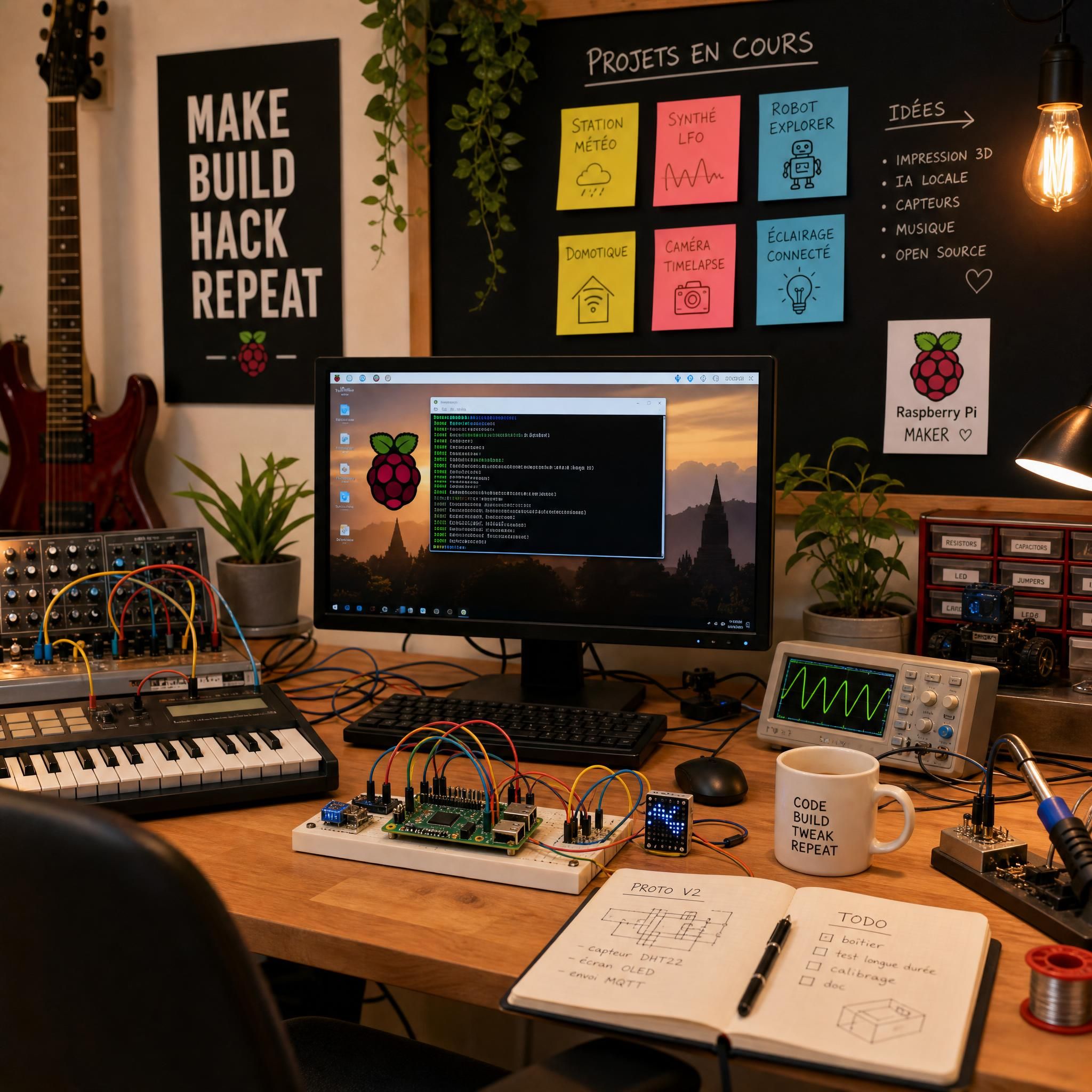 Vue d'ensemble d'un atelier créatif DIY avec Raspberry Pi, câbles colorés, écran Linux, instruments de musique et post-it de projets en cours, ambiance hackerspace chaleureux