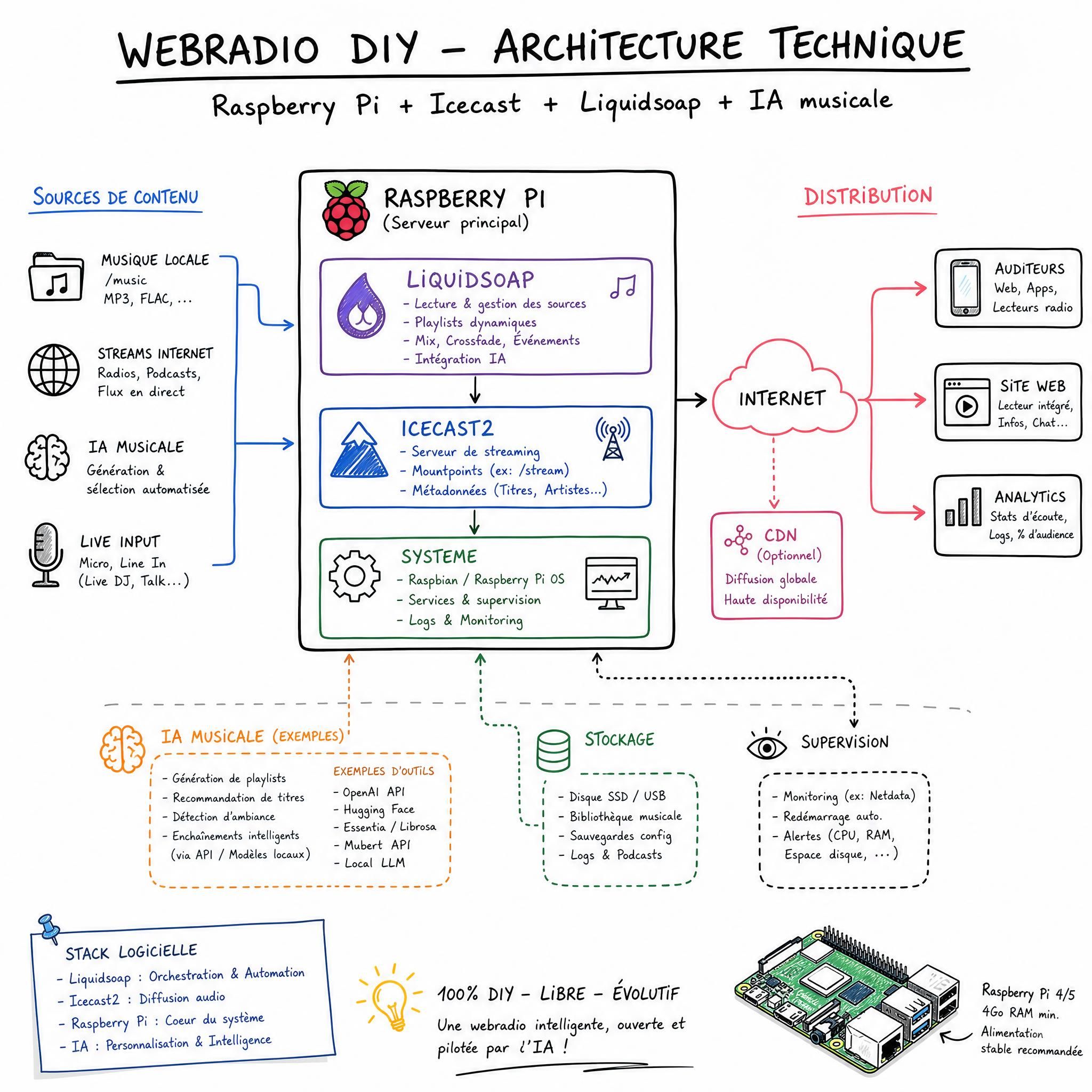 Schéma technique d'architecture webradio DIY avec Raspberry Pi, Icecast, Liquidsoap et IA musicale, style dessin de tableau blanc de hackerspace