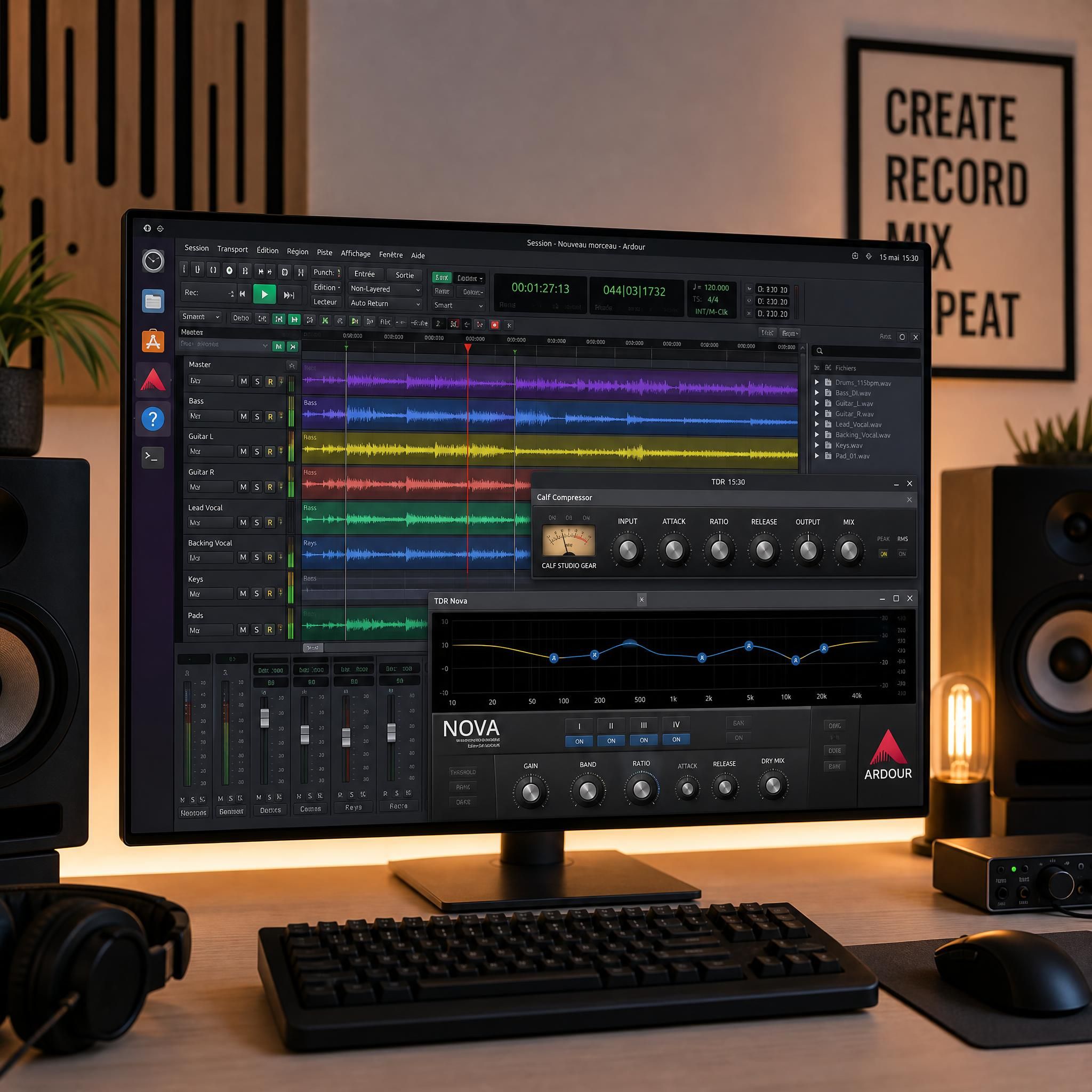 Écran Linux avec Ardour DAW ouvert, session d'enregistrement en cours, plugins VST chargés, ambiance home studio minimaliste