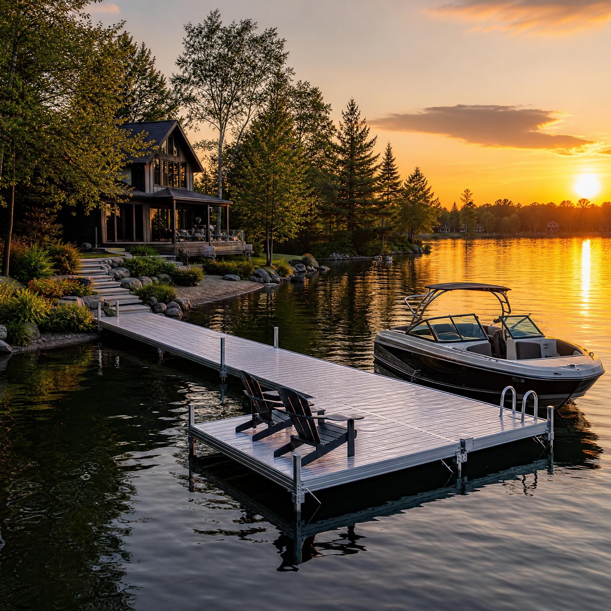 Propriété riveraine au bord d'un lac québécois avec un quai en aluminium moderne au coucher du soleil, entouré d'arbres et d'un bateau amarré