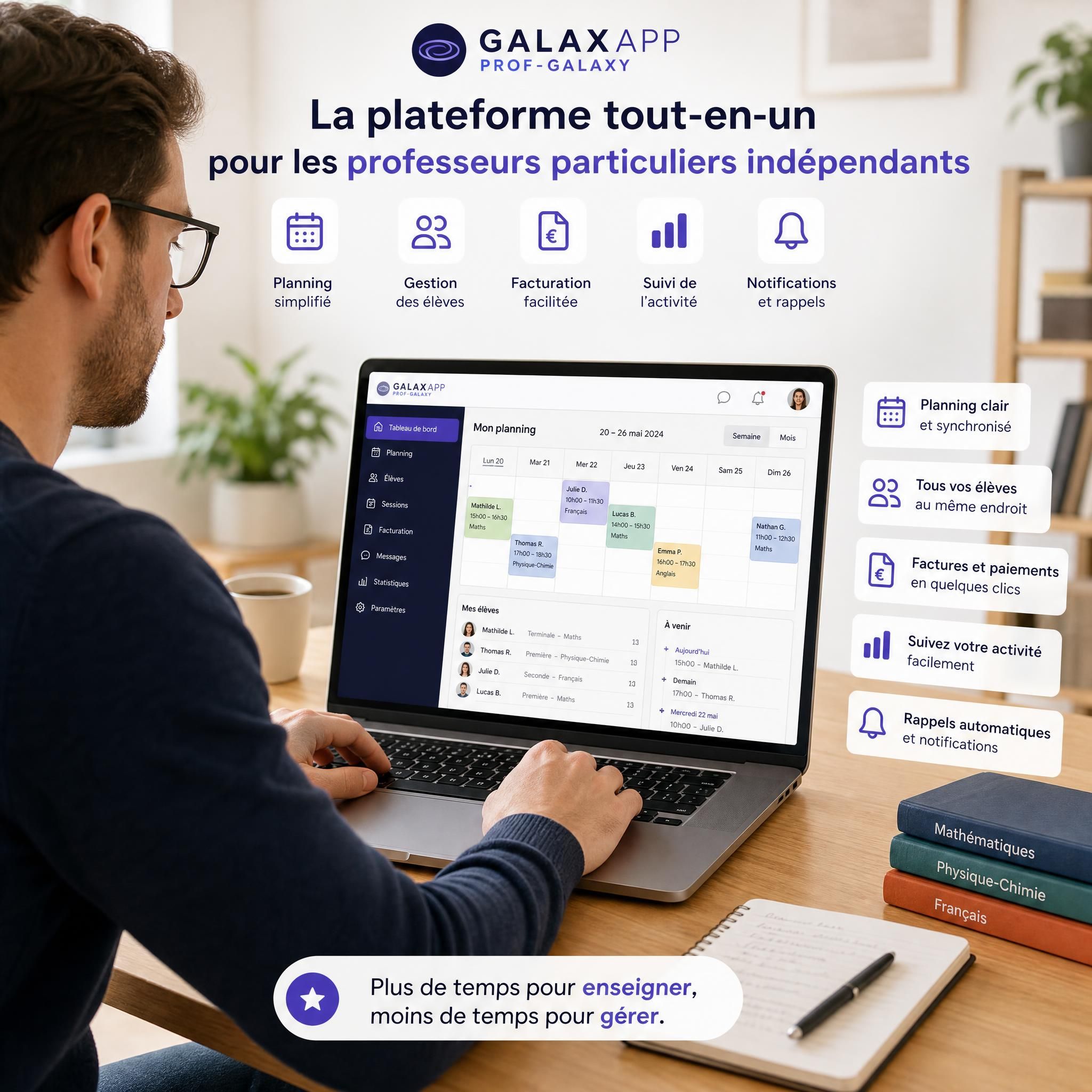 Professeur particulier indépendant utilisant une plateforme numérique sur ordinateur pour gérer son planning et ses élèves - interface GALAXAPP Prof-Galaxy