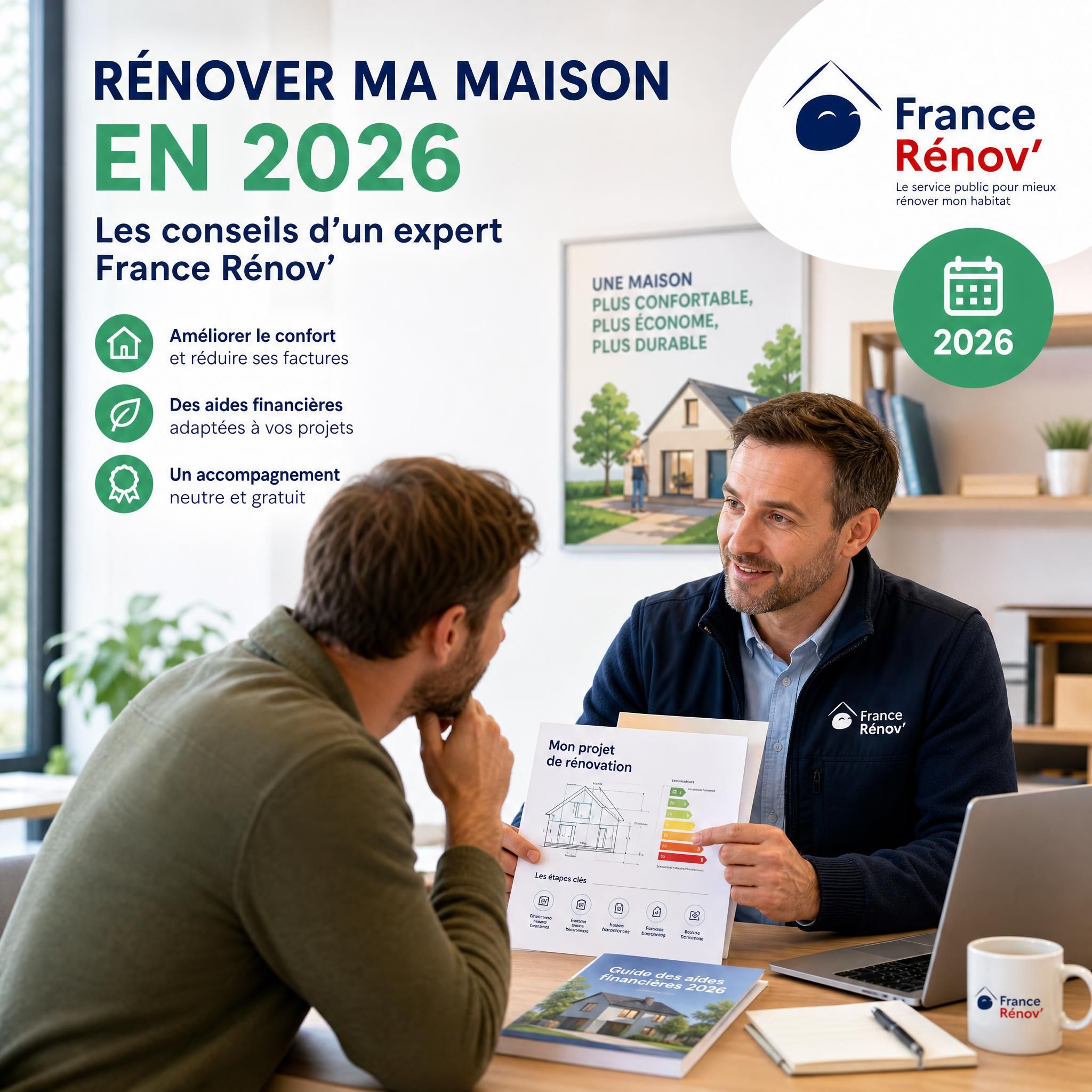 Propriétaire consultant un conseiller France Rénov pour des travaux de rénovation maison en 2026