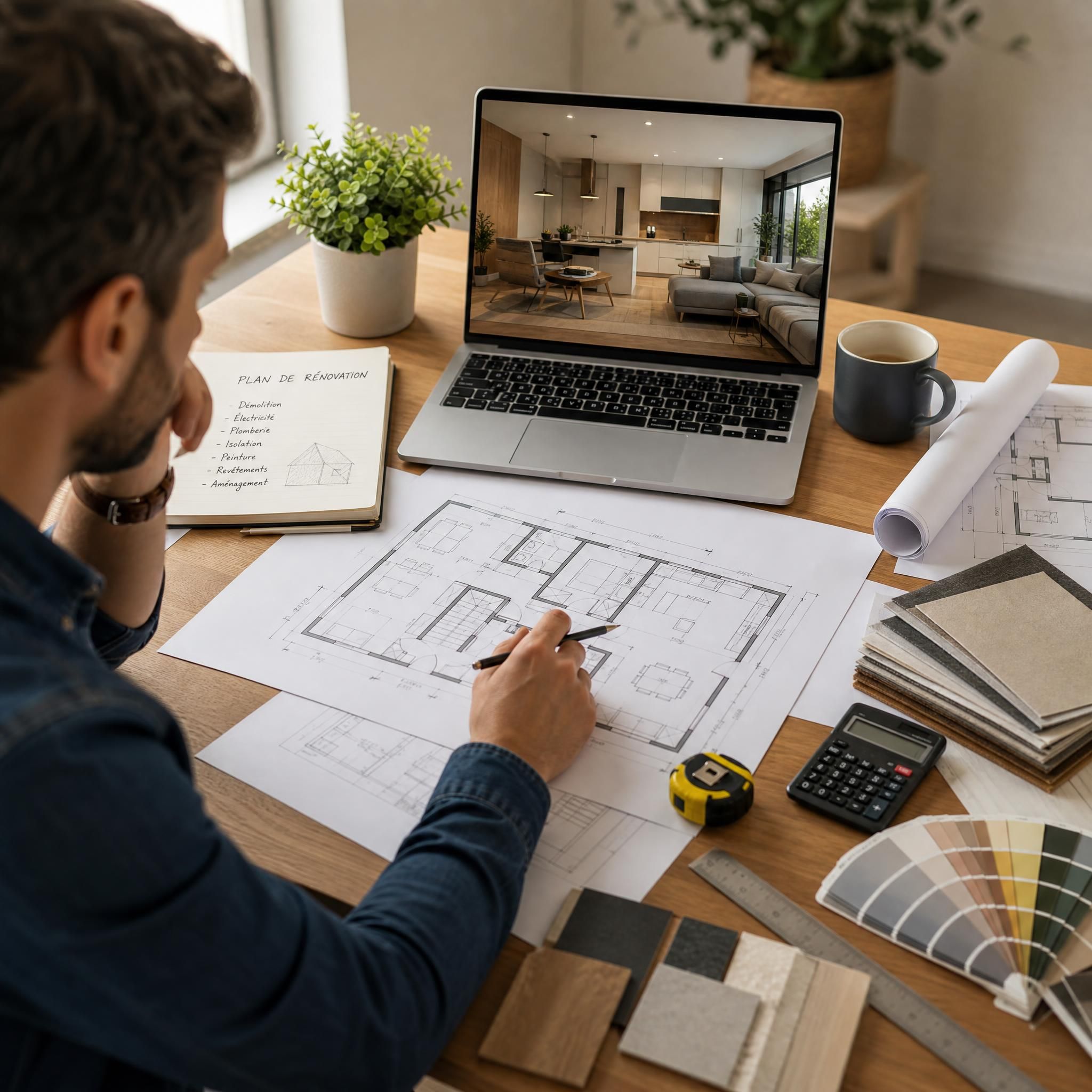 Particulier consultant des plans de rénovation intérieure avec des outils et matériaux autour de lui, symbolisant une planification avancée des travaux de rénovation maison