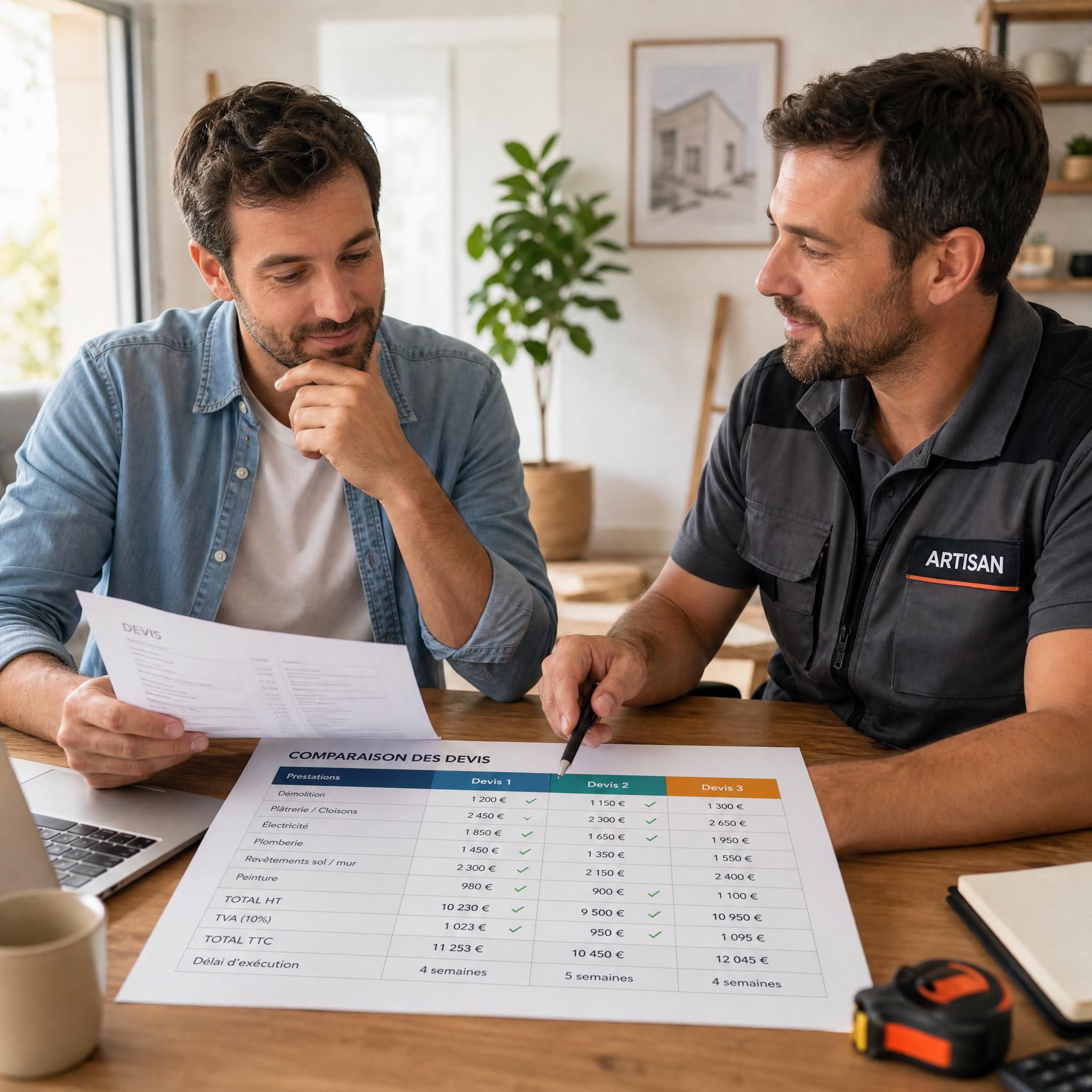 Particulier comparant des devis de rénovation maison avec un artisan professionnel, tableau de comparaison visible sur la table