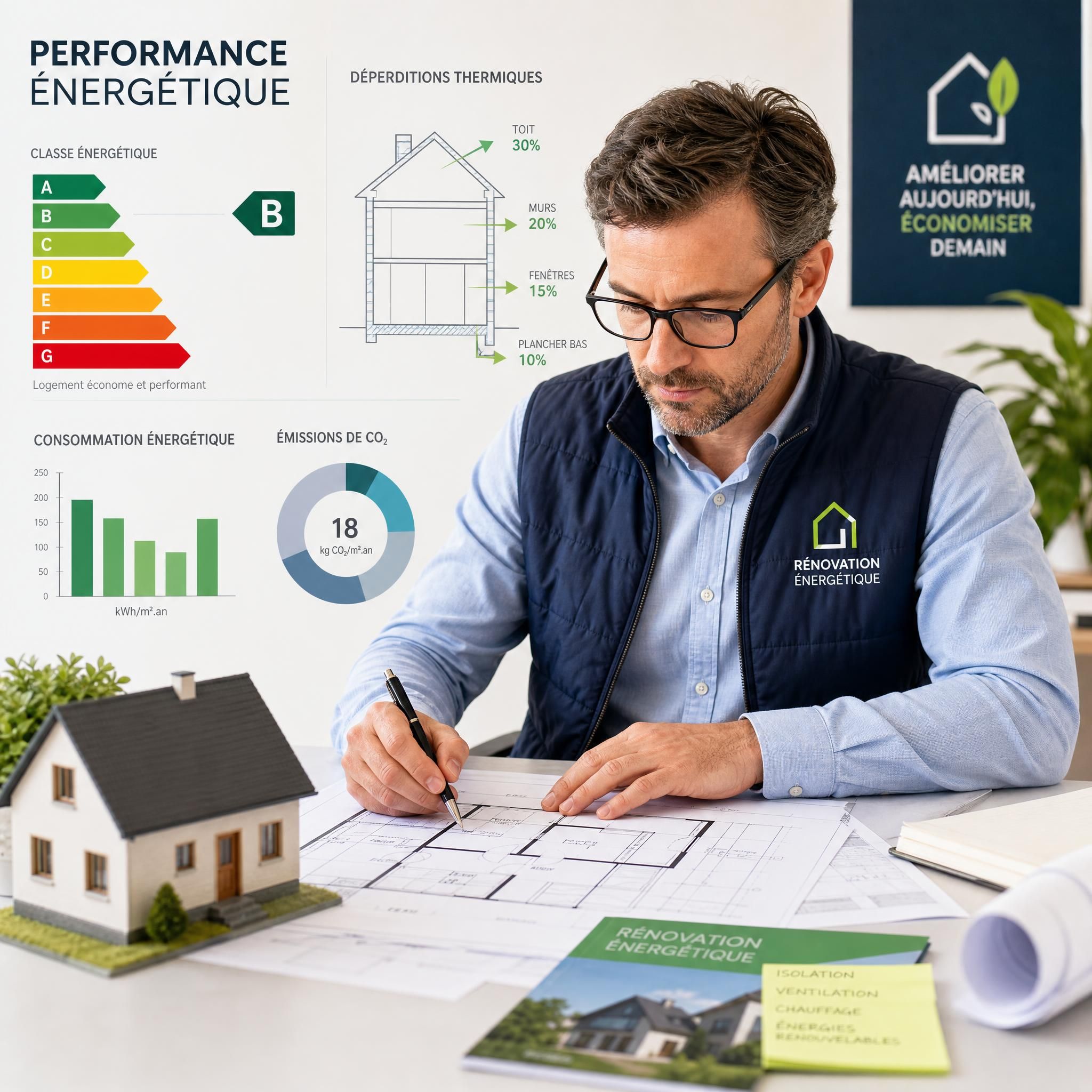 Expert en rénovation énergétique analysant les plans d'une maison avec des graphiques de performance thermique en arrière-plan