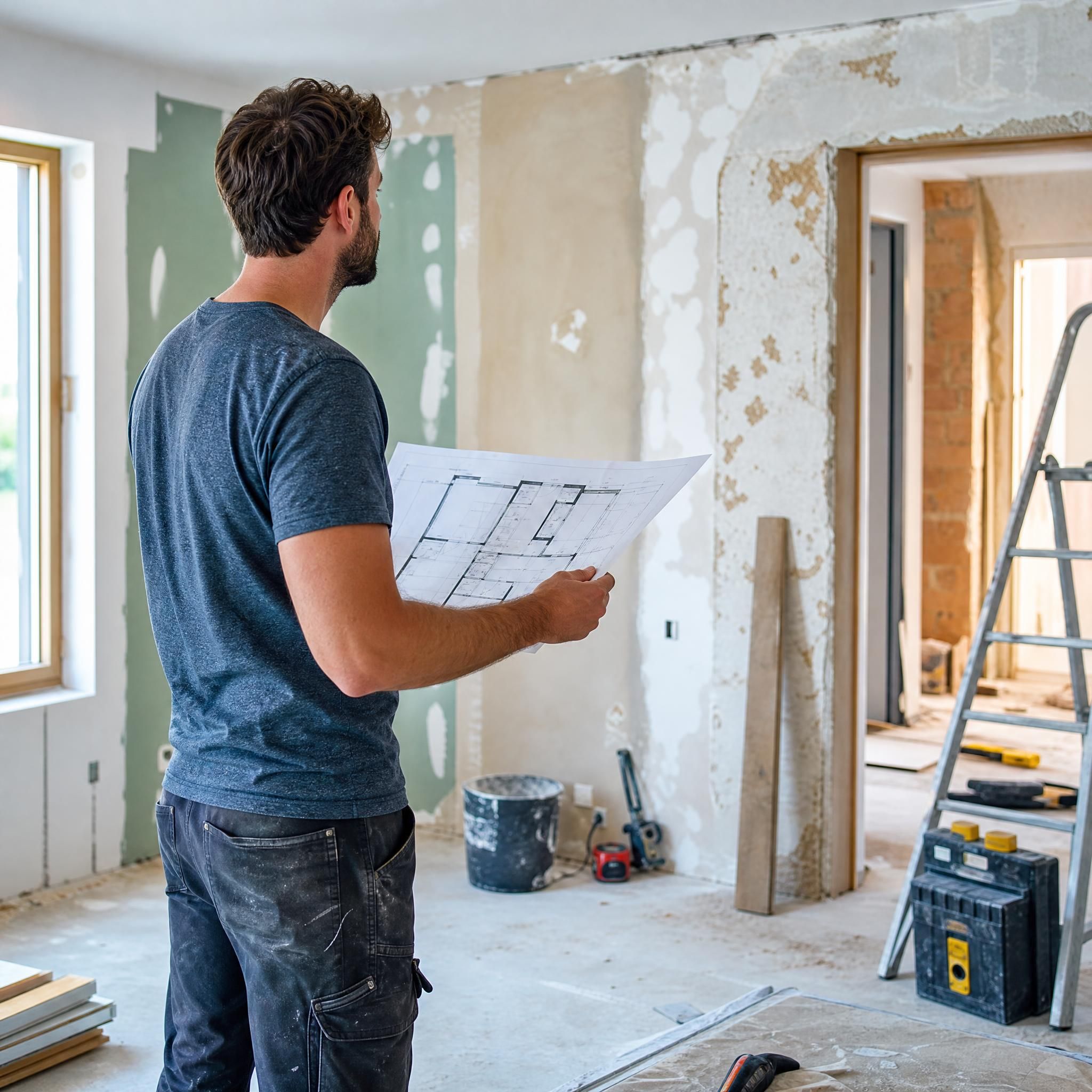 Particulier debout dans une pièce à rénover, tenant un plan de travaux et regardant les murs, ambiance chantier intérieur maison