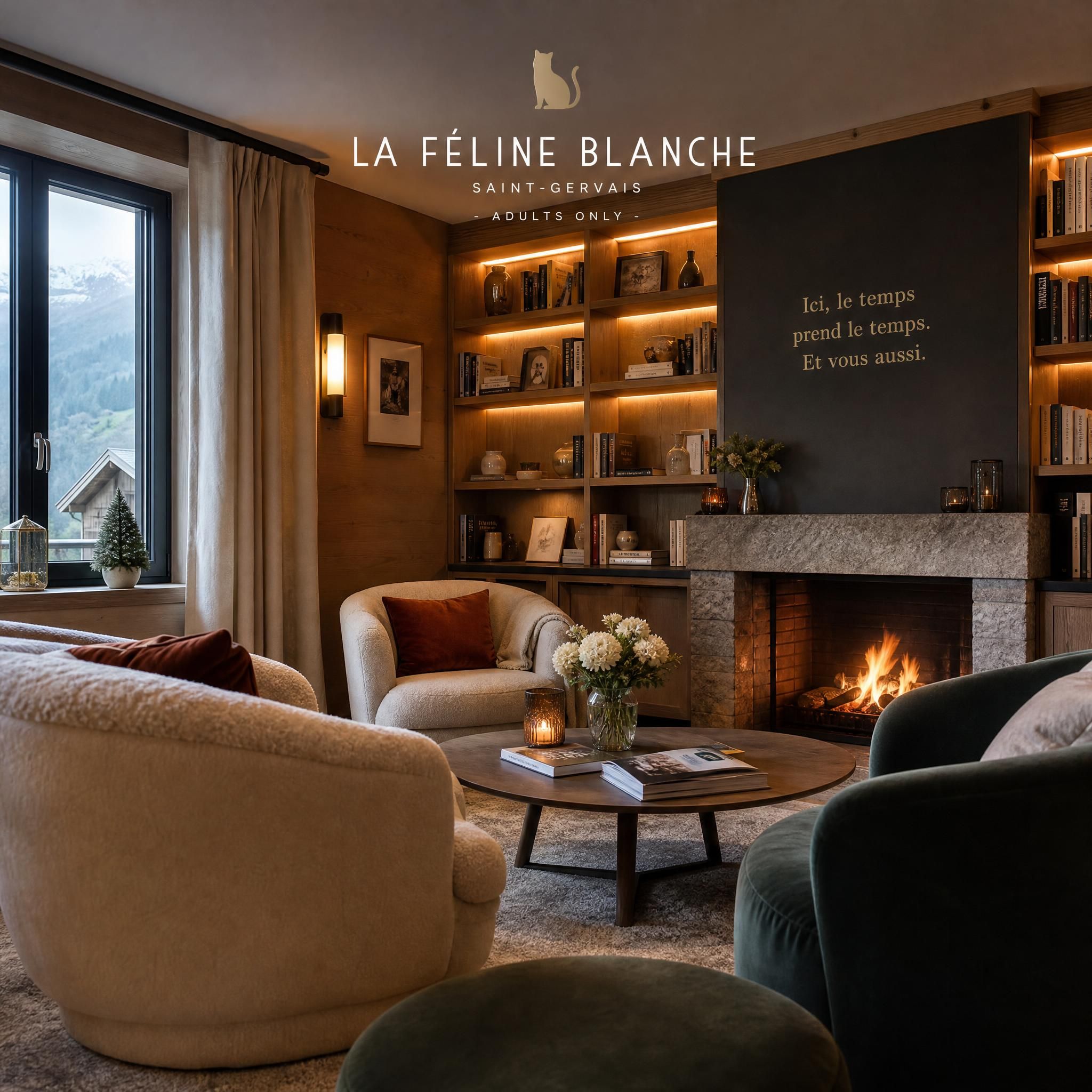 Intérieur cosy et chaleureux de La Féline Blanche Saint-Gervais, salon avec bibliothèque, ambiance boutique hôtel adults only