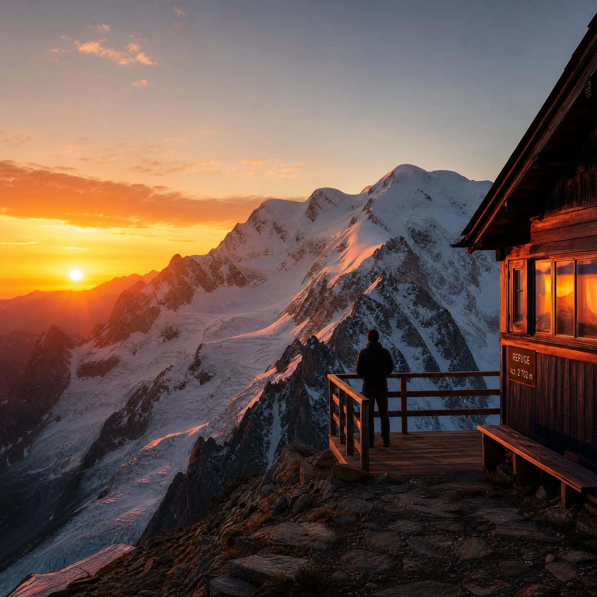 Coucher de soleil depuis un refuge d'altitude autour du Mont Blanc, lumière orangée sur les glaciers, silhouette contemplative