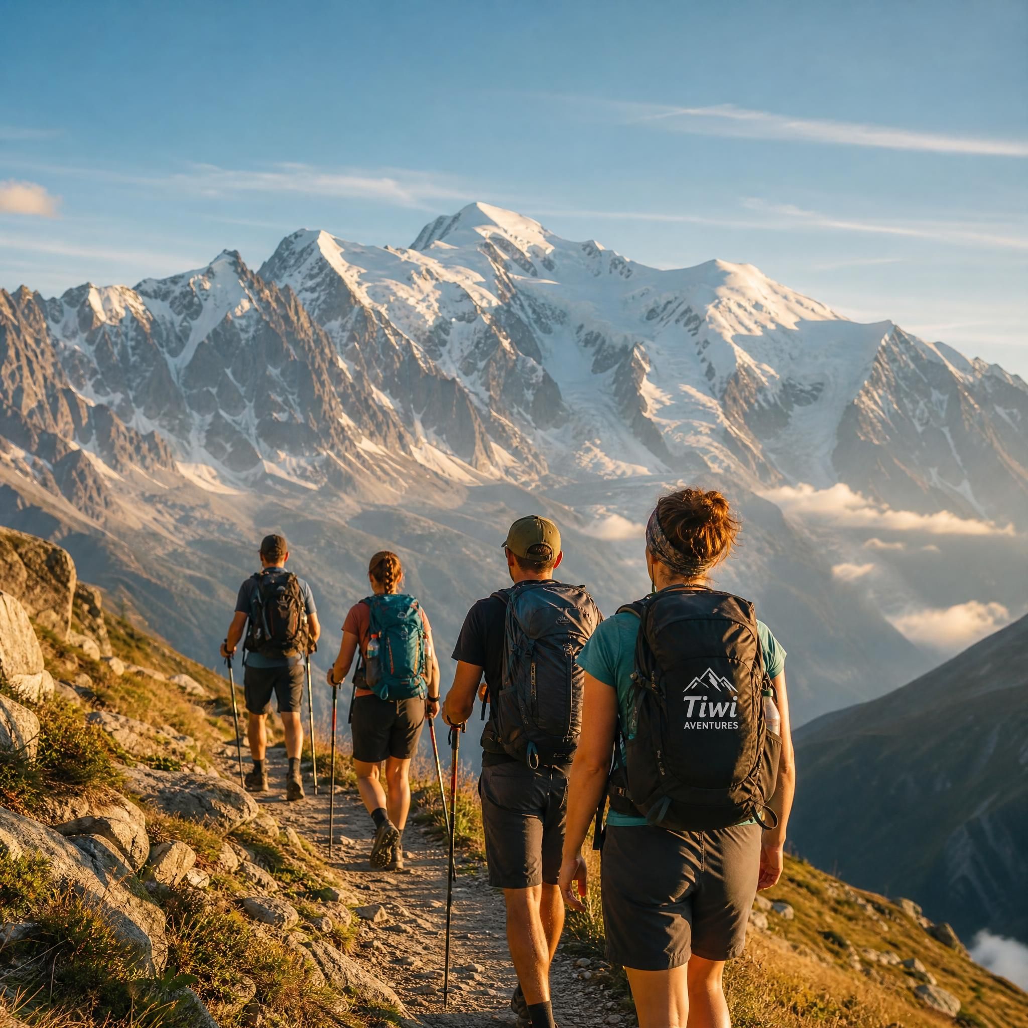 Petit groupe de randonneurs Tiwi Aventures sur un sentier d'altitude face au massif du Mont Blanc, ambiance lumière dorée