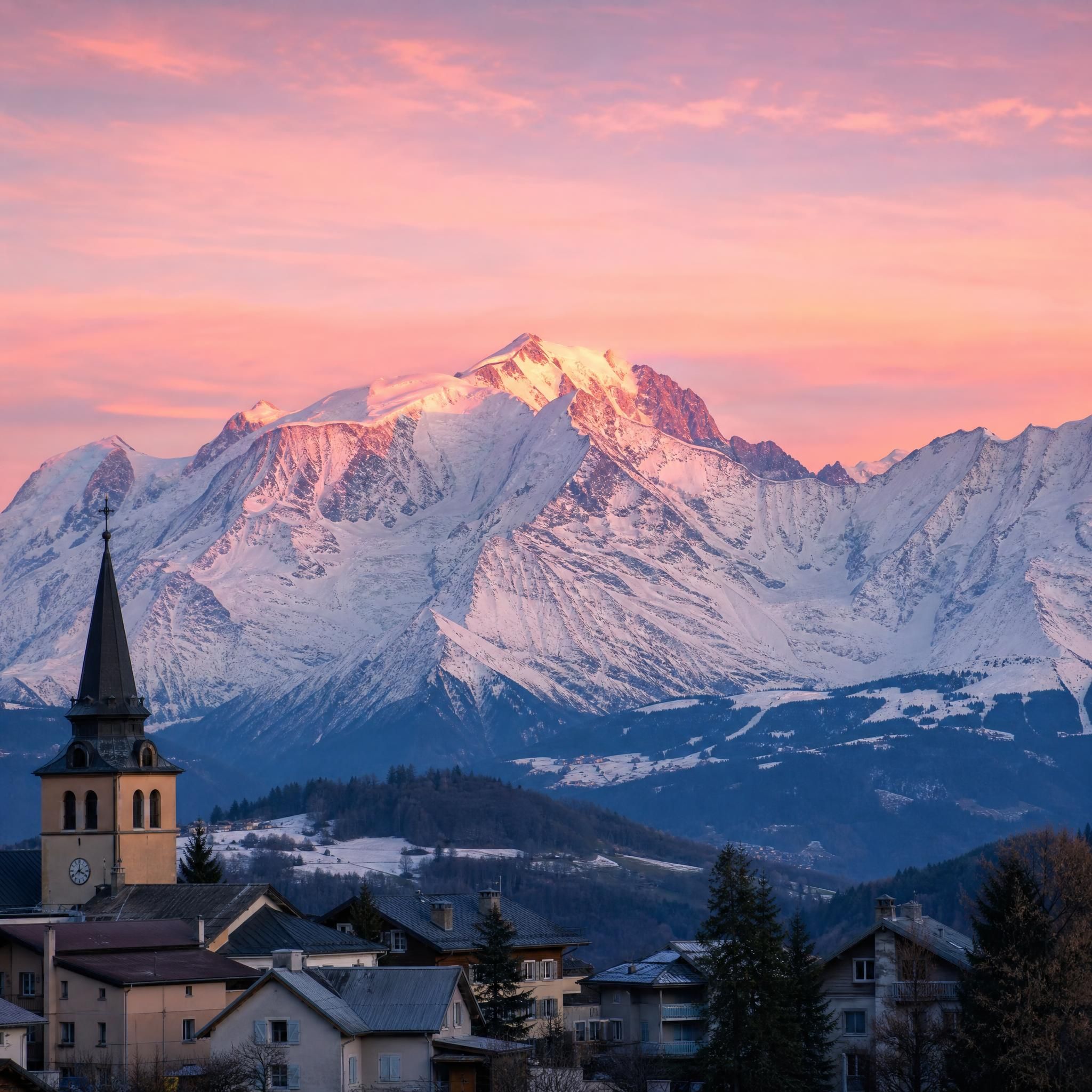 Panorama lever de soleil sur le Mont Blanc depuis Saint-Gervais-les-Bains, ciel rosé sur les sommets enneigés