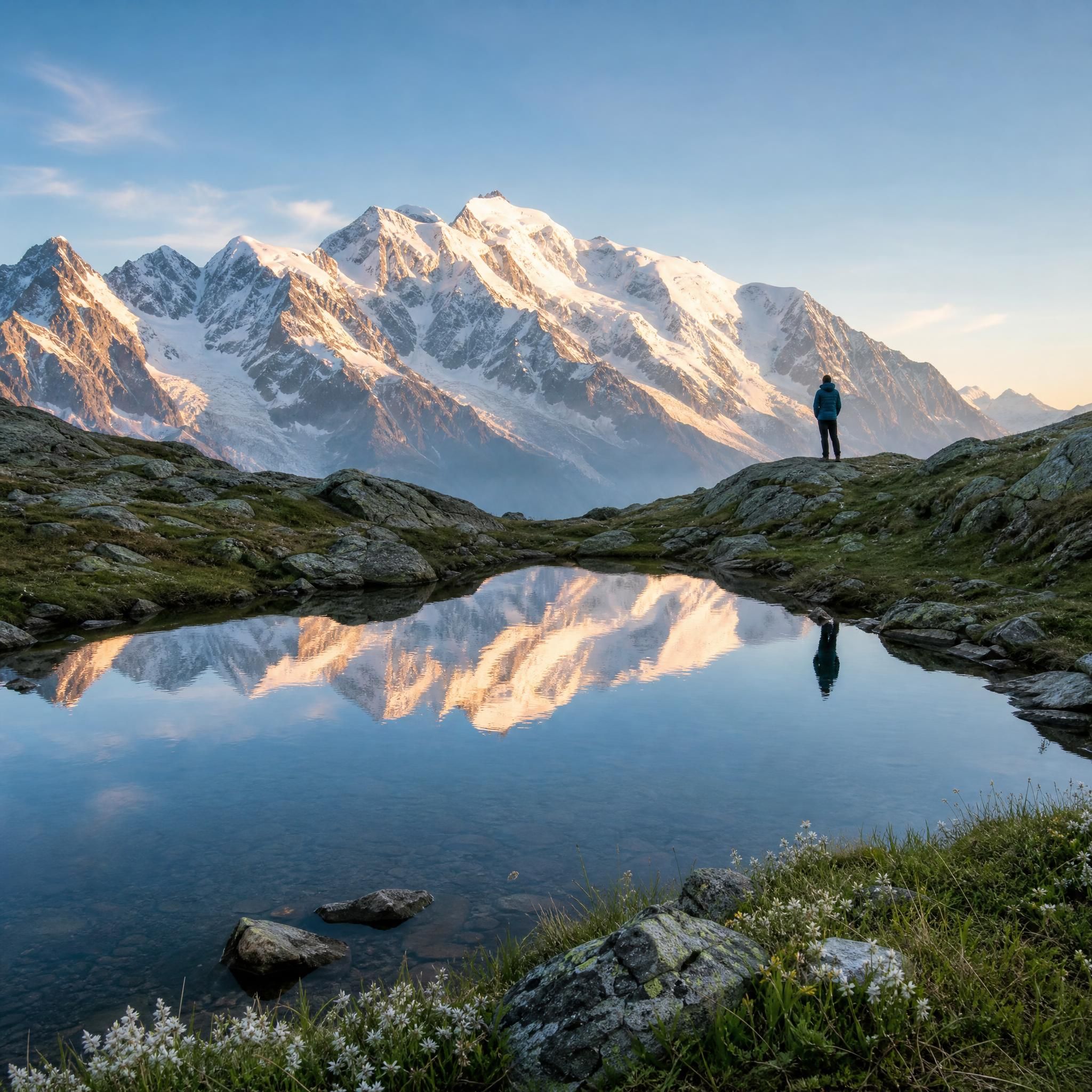Vue panoramique depuis un lac d'altitude secret autour de Saint-Gervais, reflet du Mont Blanc dans l'eau, solitude et sérénité