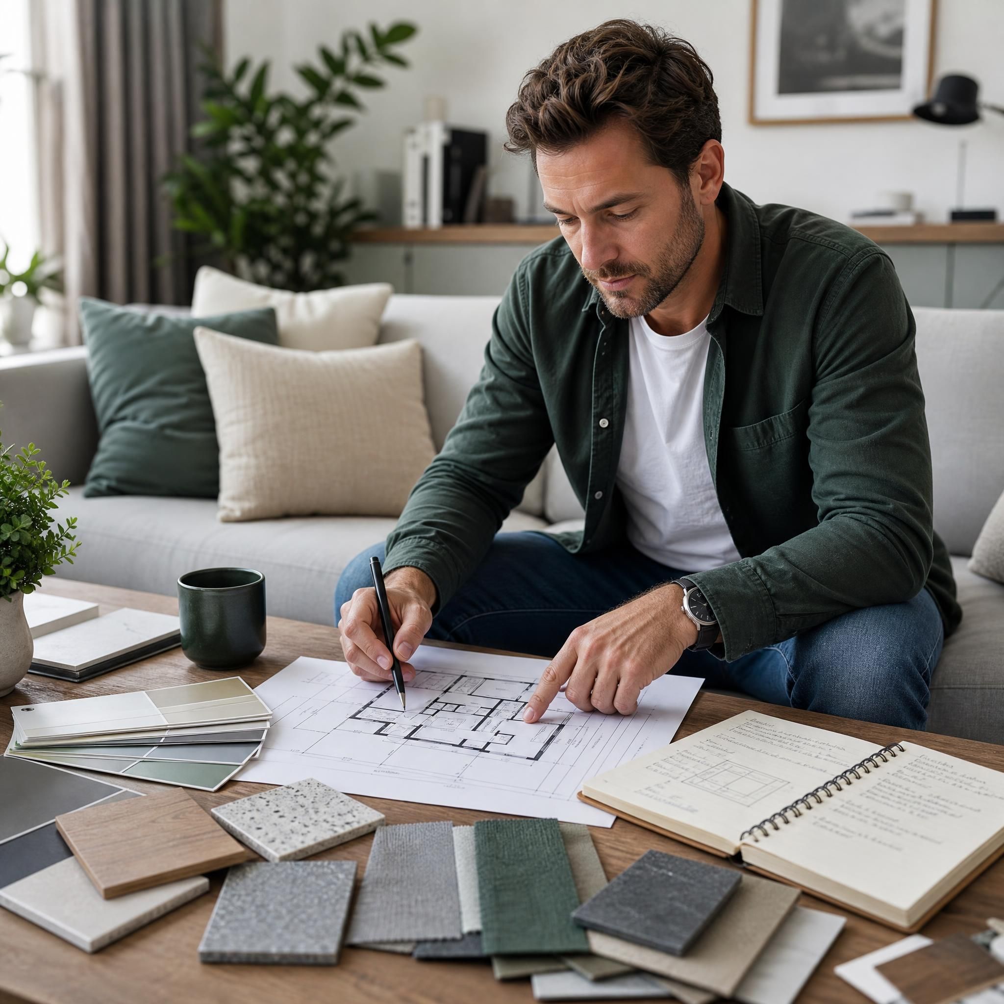 Particulier consultant des plans de rénovation intérieure dans son salon, entouré d'échantillons de matériaux et d'un carnet de notes