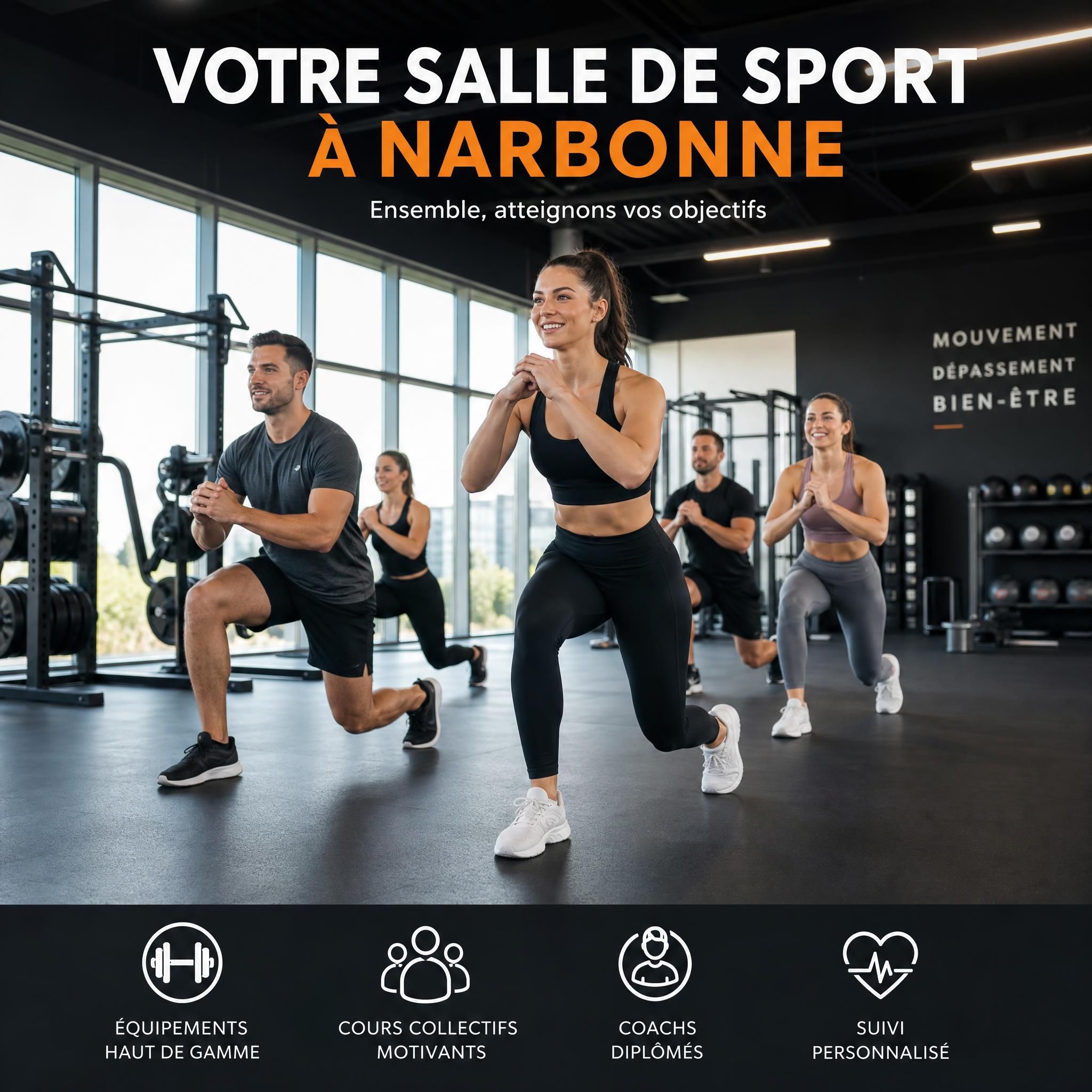 Salle de sport moderne à Narbonne avec équipements fitness de qualité, groupe d'adhérents motivés en cours collectif
