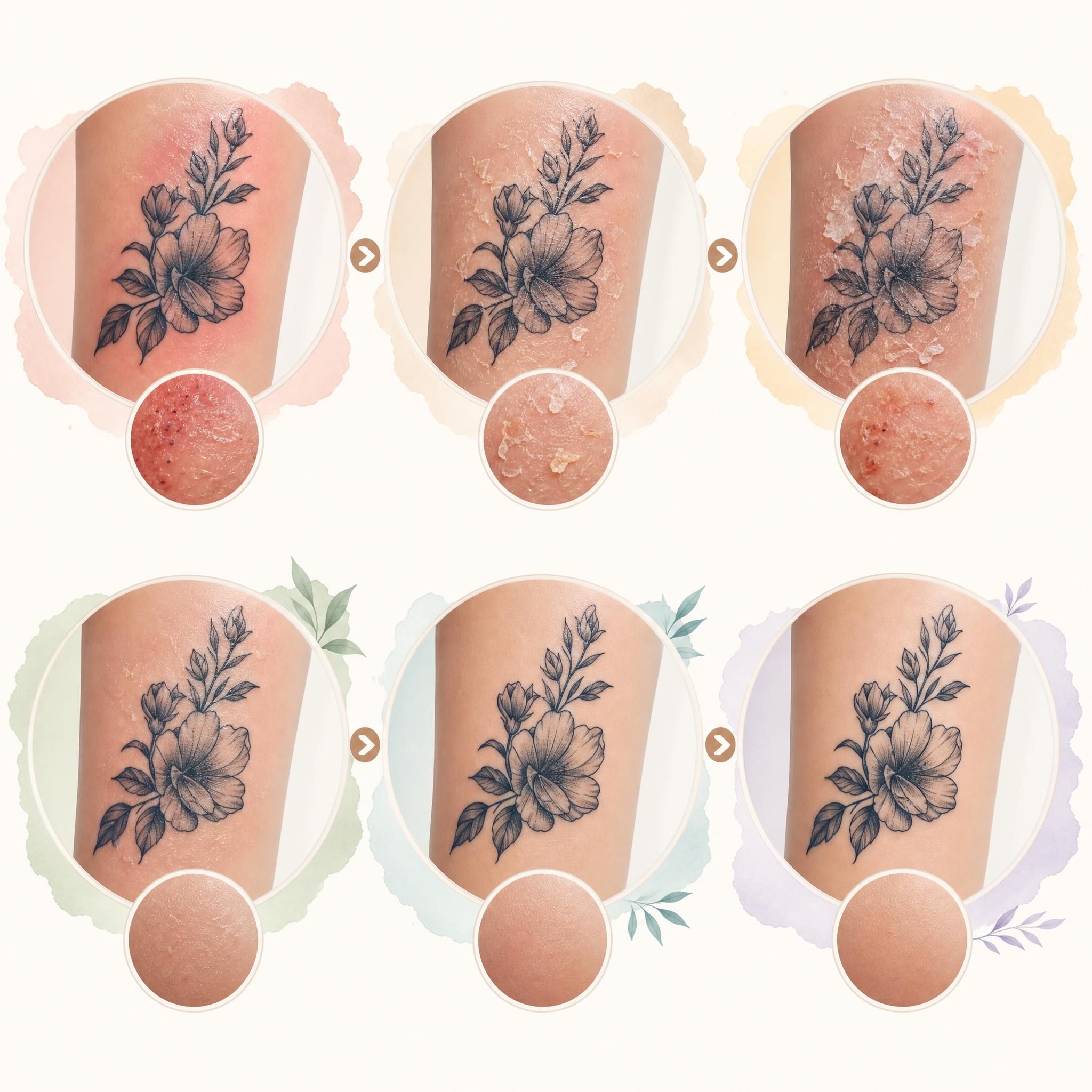 Illustration douce et illustrative montrant les étapes de cicatrisation d'un tatouage sur une peau stylisée, style infographique sans texte