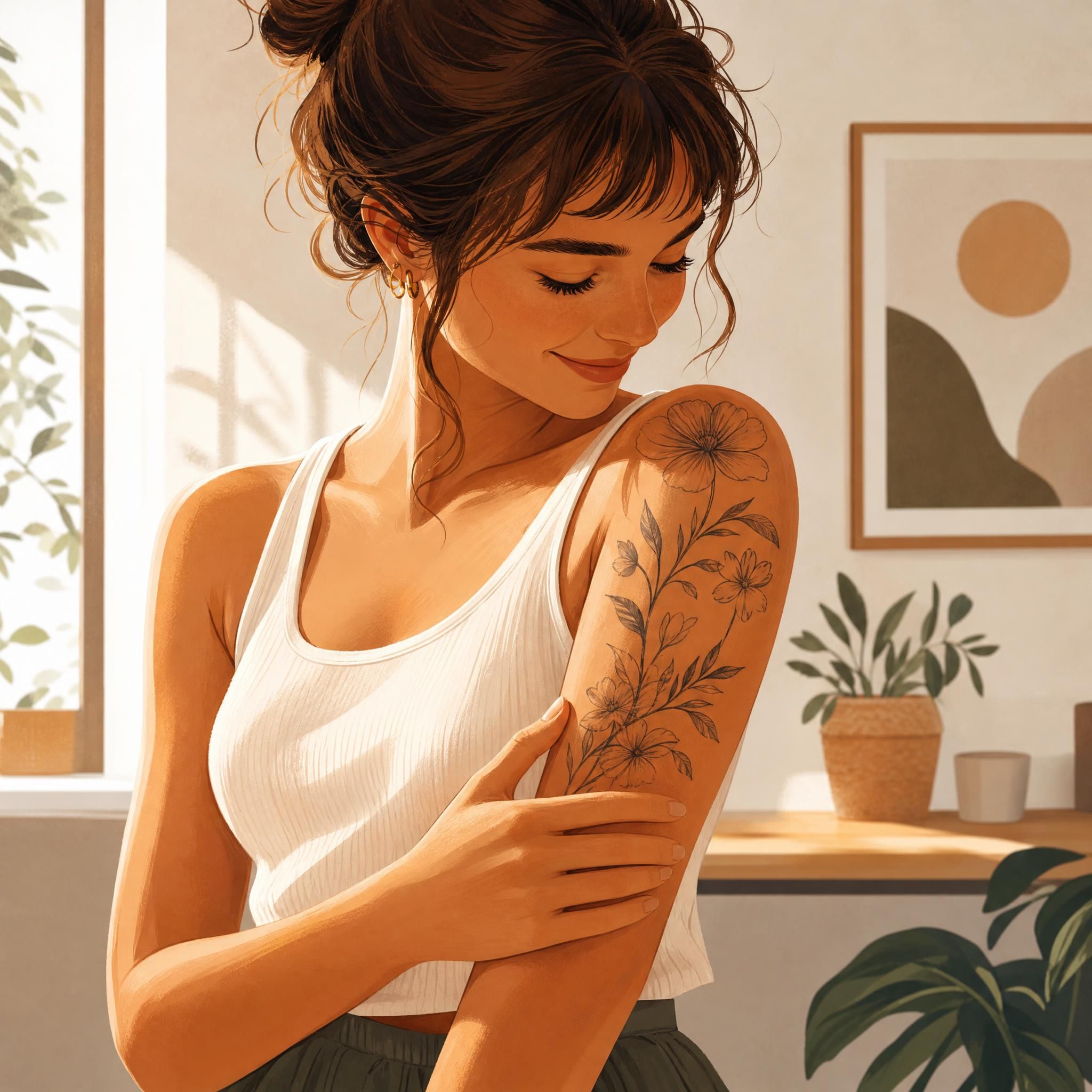 Illustration illustrative et inspirante d'une personne admirant son nouveau tatouage cicatrisé, tons chauds et bienveillants, style graphique sans texte