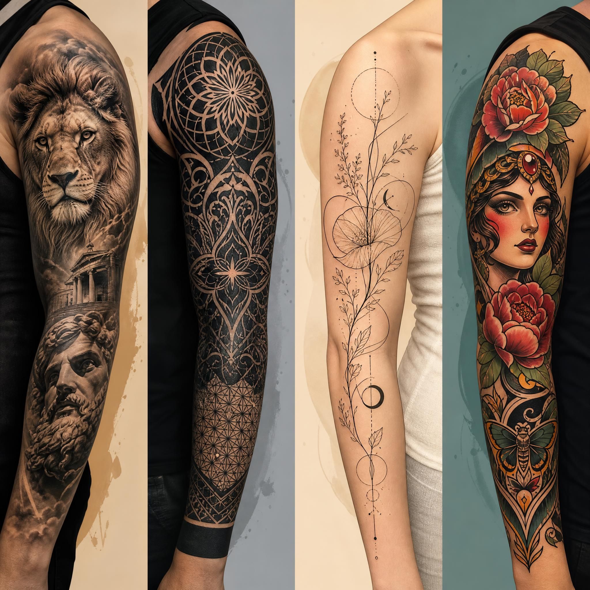 Illustration illustrative et colorée montrant différents styles de tatouage côte à côte — réalisme, blackwork, fine line, néo-traditionnel — style graphique sans texte