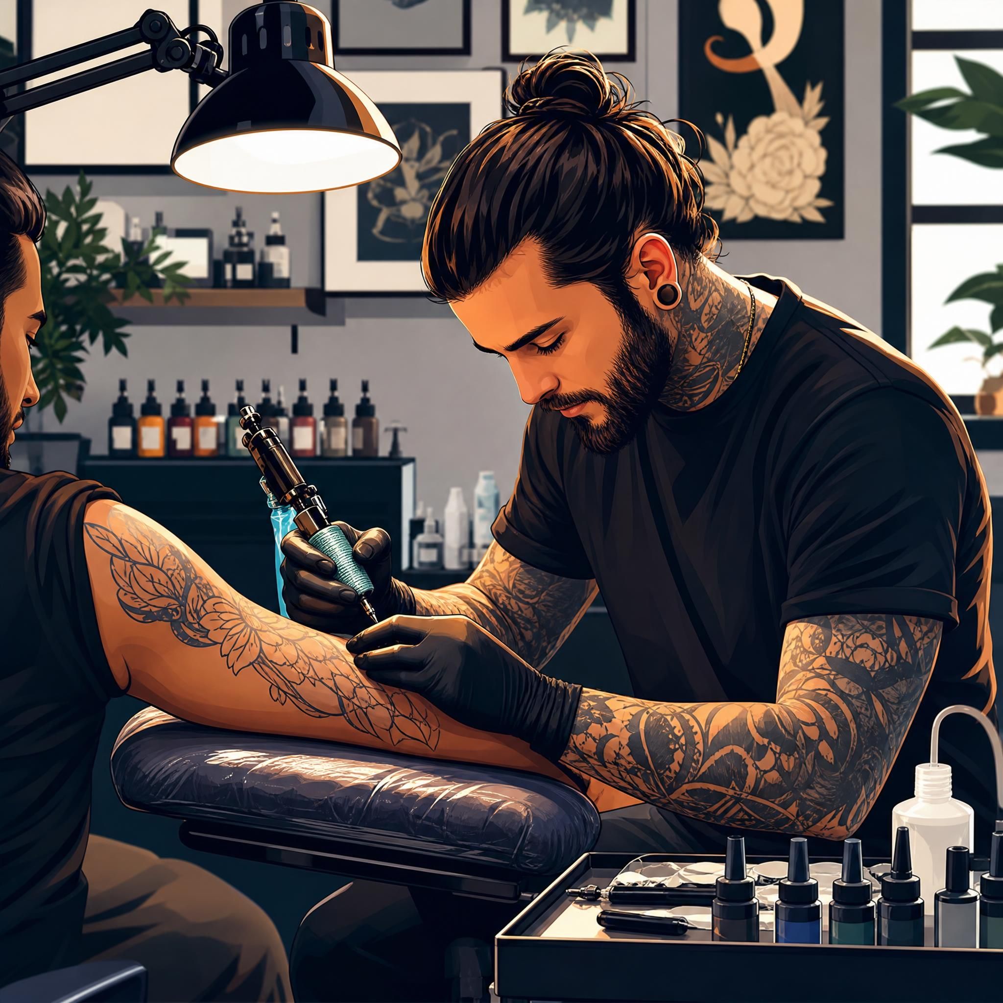 Illustration colorée et illustrative d'un tatoueur professionnel au travail dans un studio moderne, style graphique sans texte