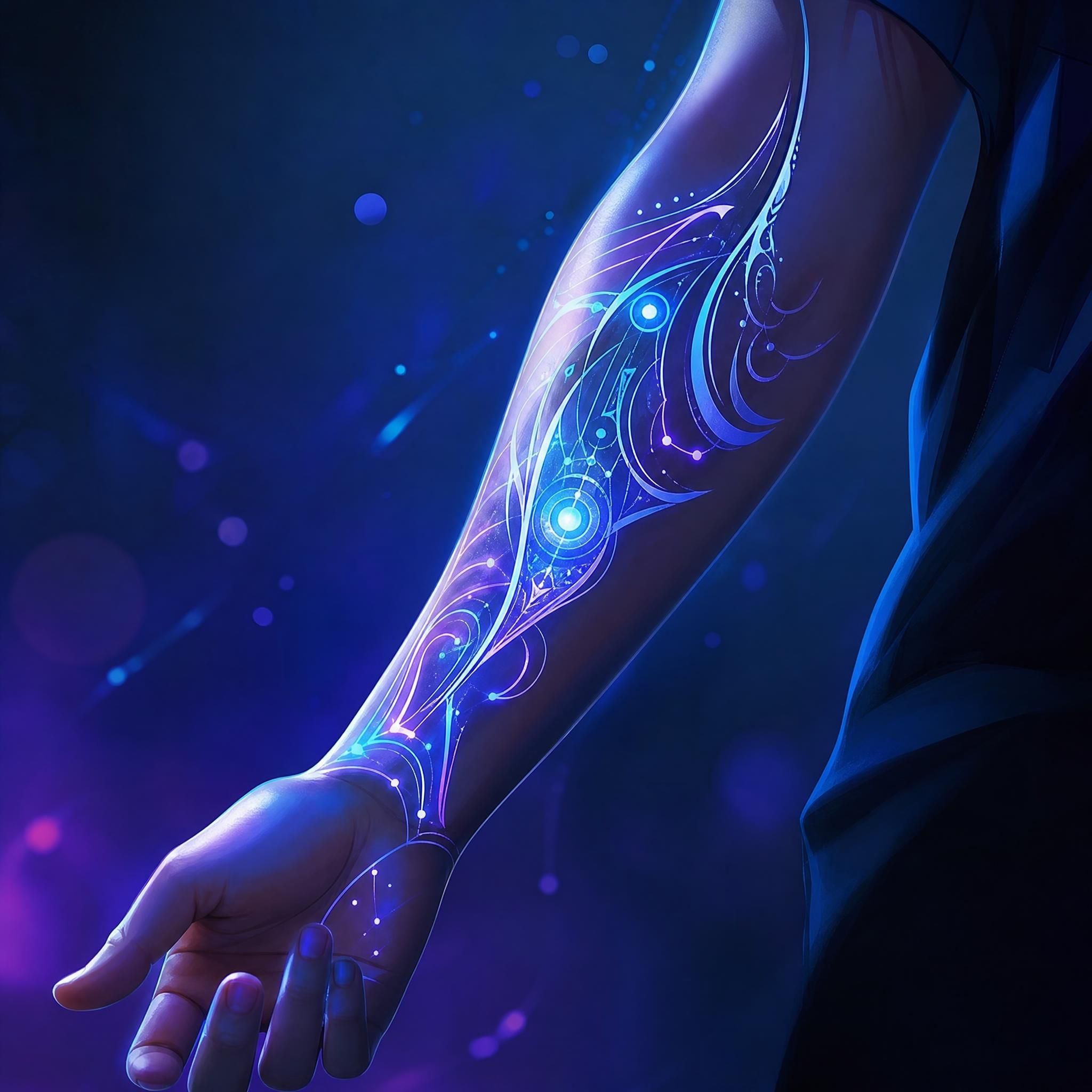 Illustration futuriste et artistique d'un tatouage lumineux sur un bras, style illustratif sans texte, tons bleus et violets
