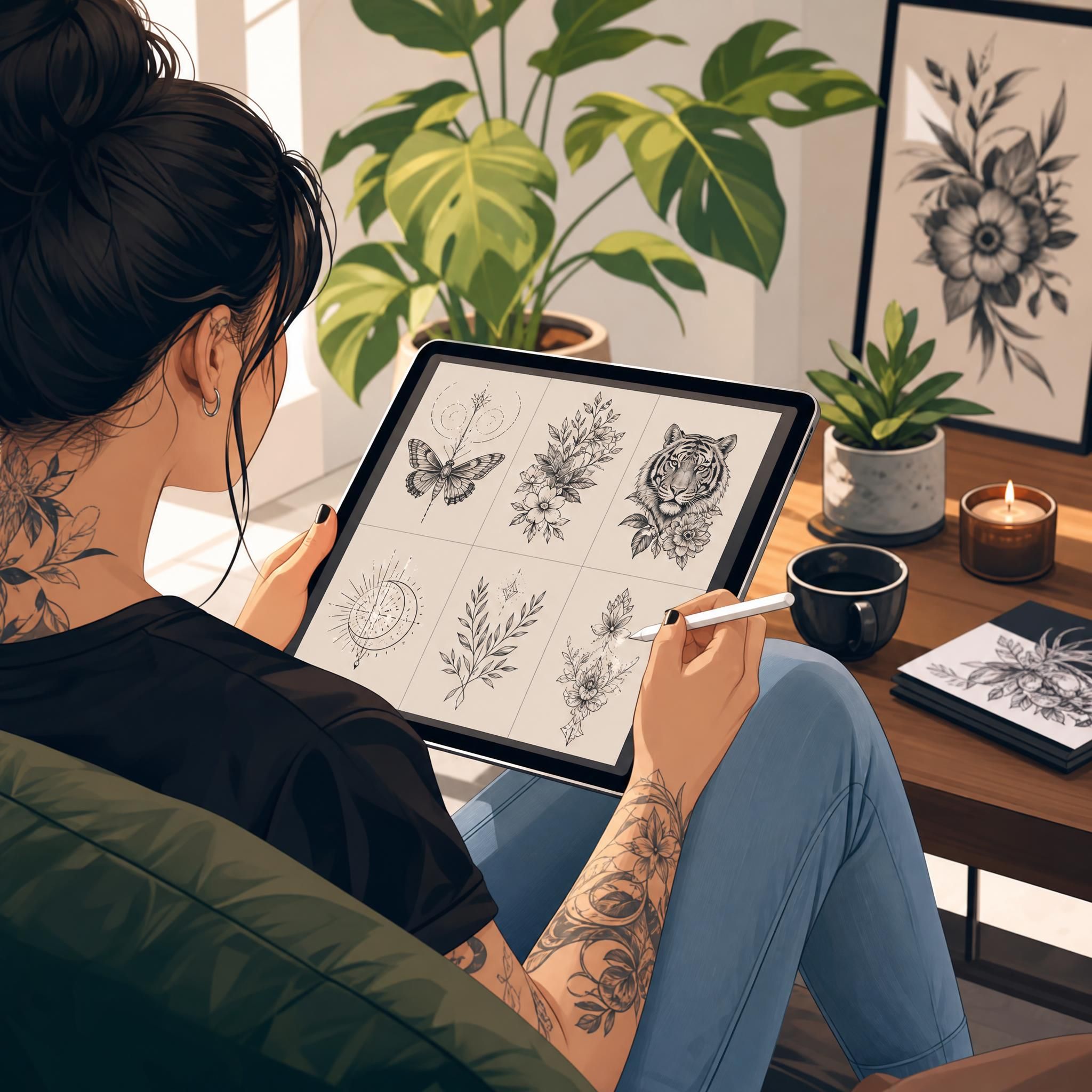 Illustration colorée et moderne d'une personne utilisant une tablette pour explorer des designs de tatouage, style illustratif sans texte