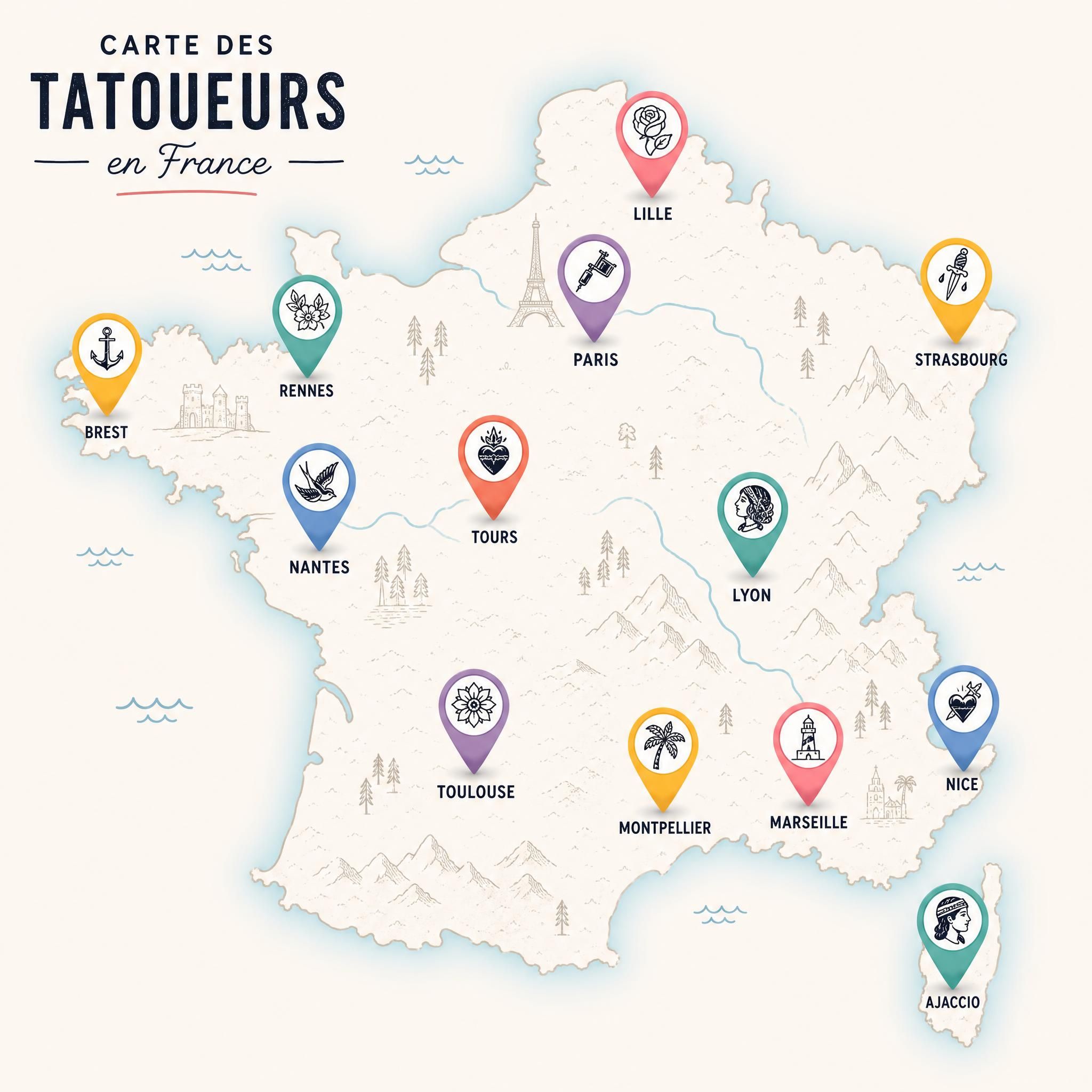 Illustration d'une carte de France avec des épingles colorées représentant différents tatoueurs dans diverses villes, style illustratif moderne