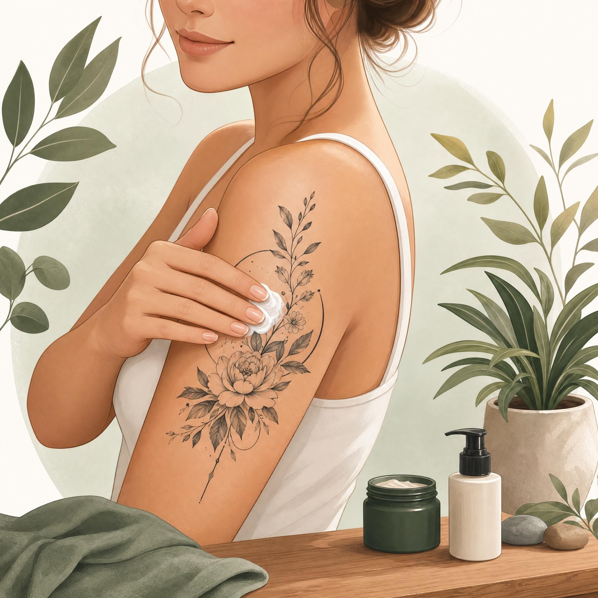 Illustration douce et apaisante d'une peau bien soignée après un tatouage, avec des éléments botaniques, style illustratif sans texte
