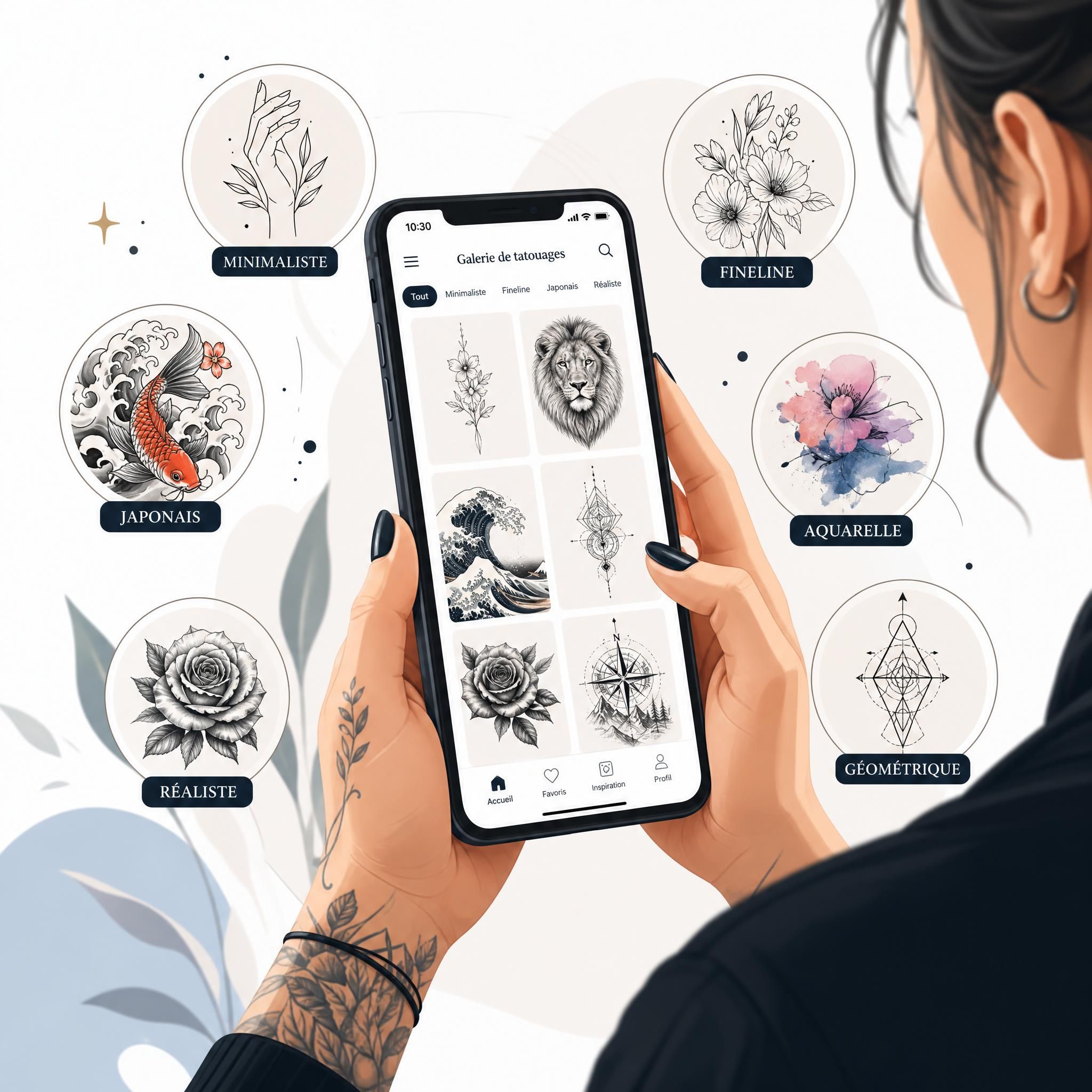 Illustration d'une personne tenant un smartphone avec des designs de tatouage à l'écran, entourée d'éléments graphiques représentant différents styles artistiques