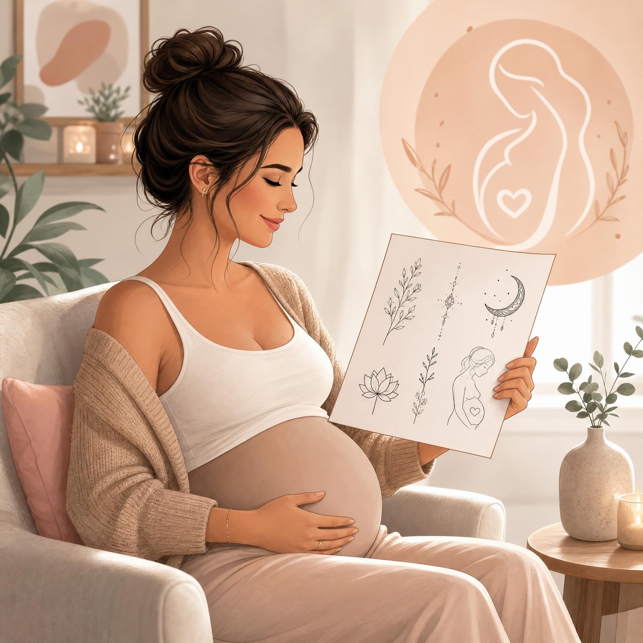 Illustration douce et rassurante d'une femme enceinte tenant une feuille avec des idées de tatouage, avec un symbole d'attente bienveillant, style illustratif sans texte