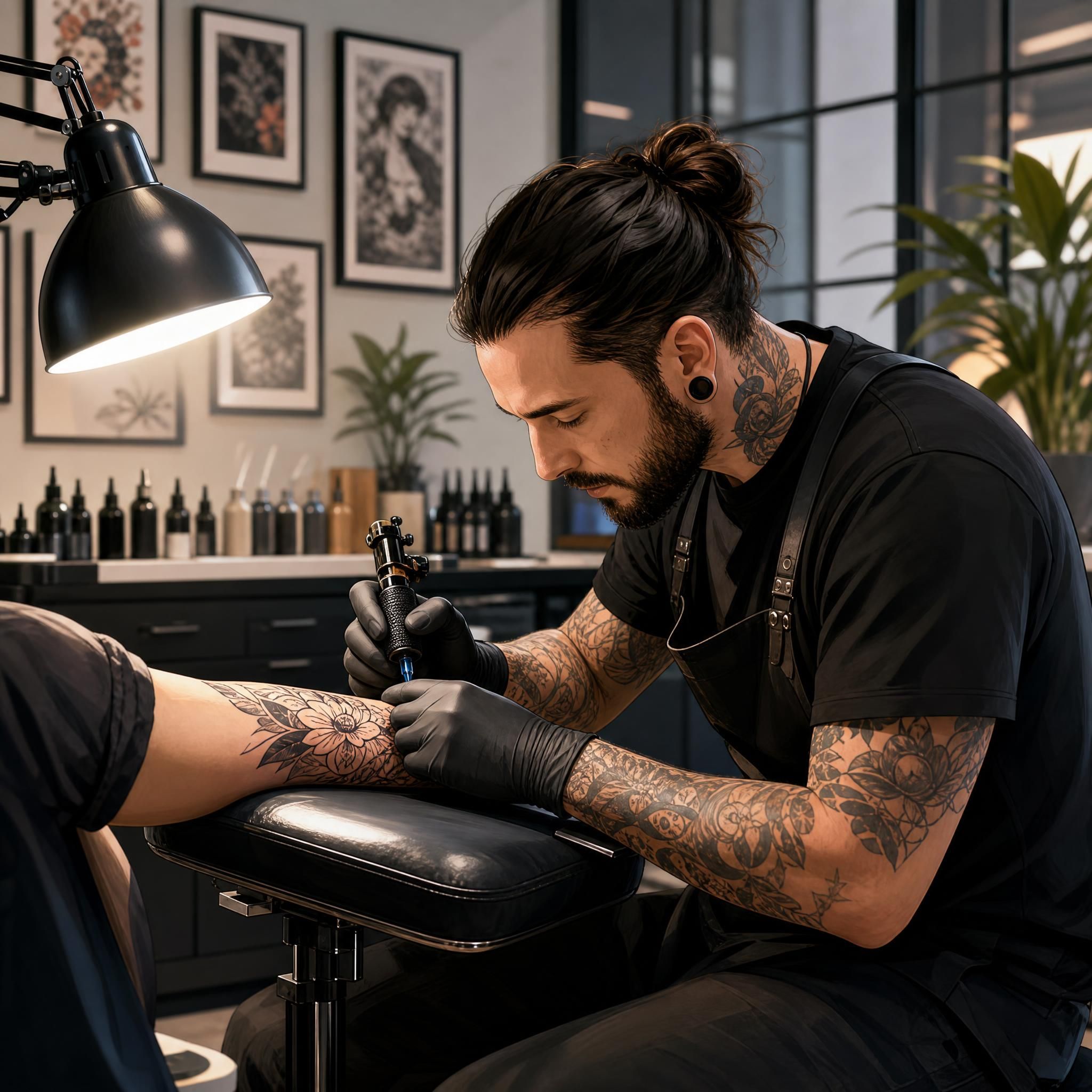 Illustration artistique d'un tatoueur professionnel au travail dans un studio moderne, style illustratif sans texte