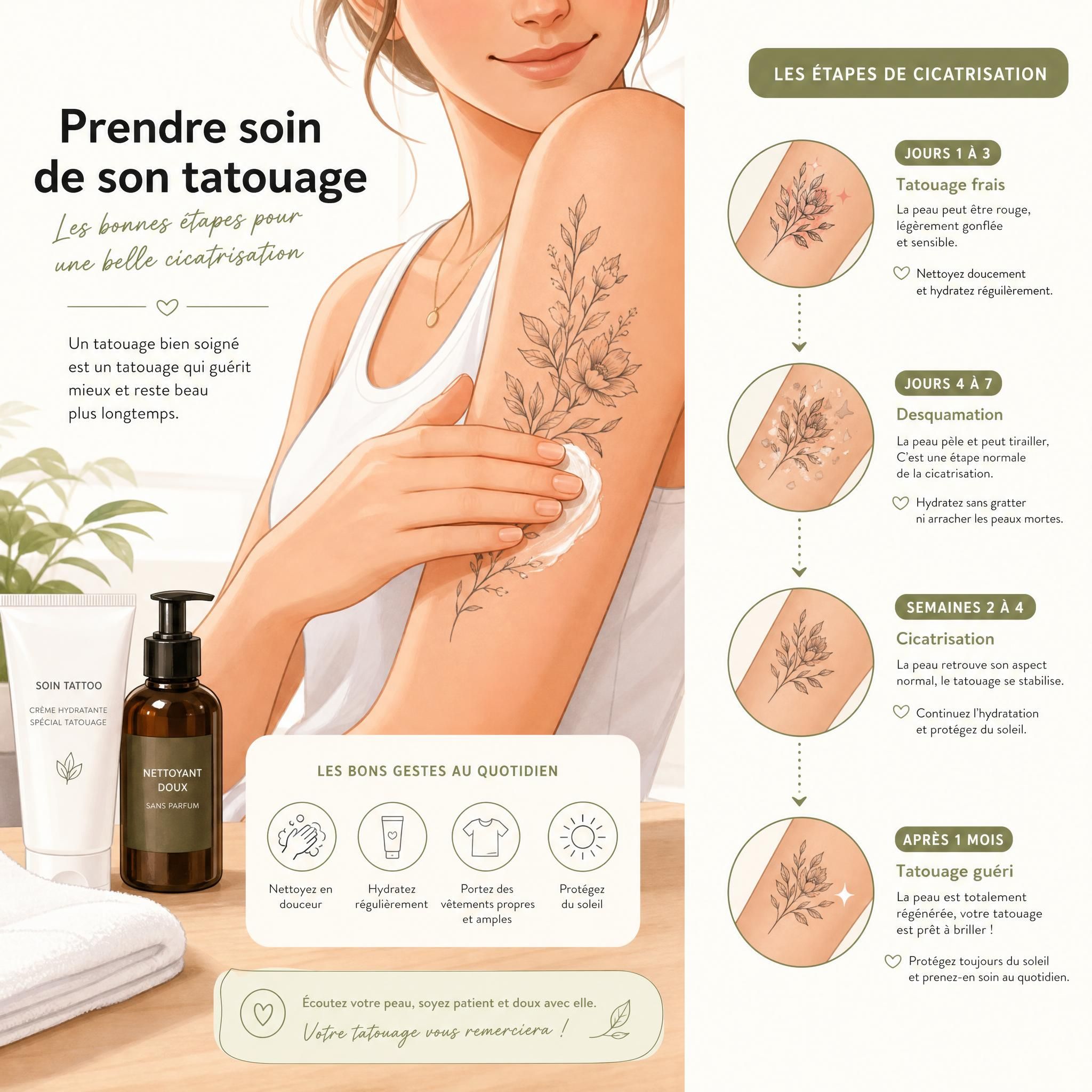 Illustration douce et rassurante montrant des soins appliqués sur un tatouage frais, avec des éléments graphiques représentant les étapes de cicatrisation