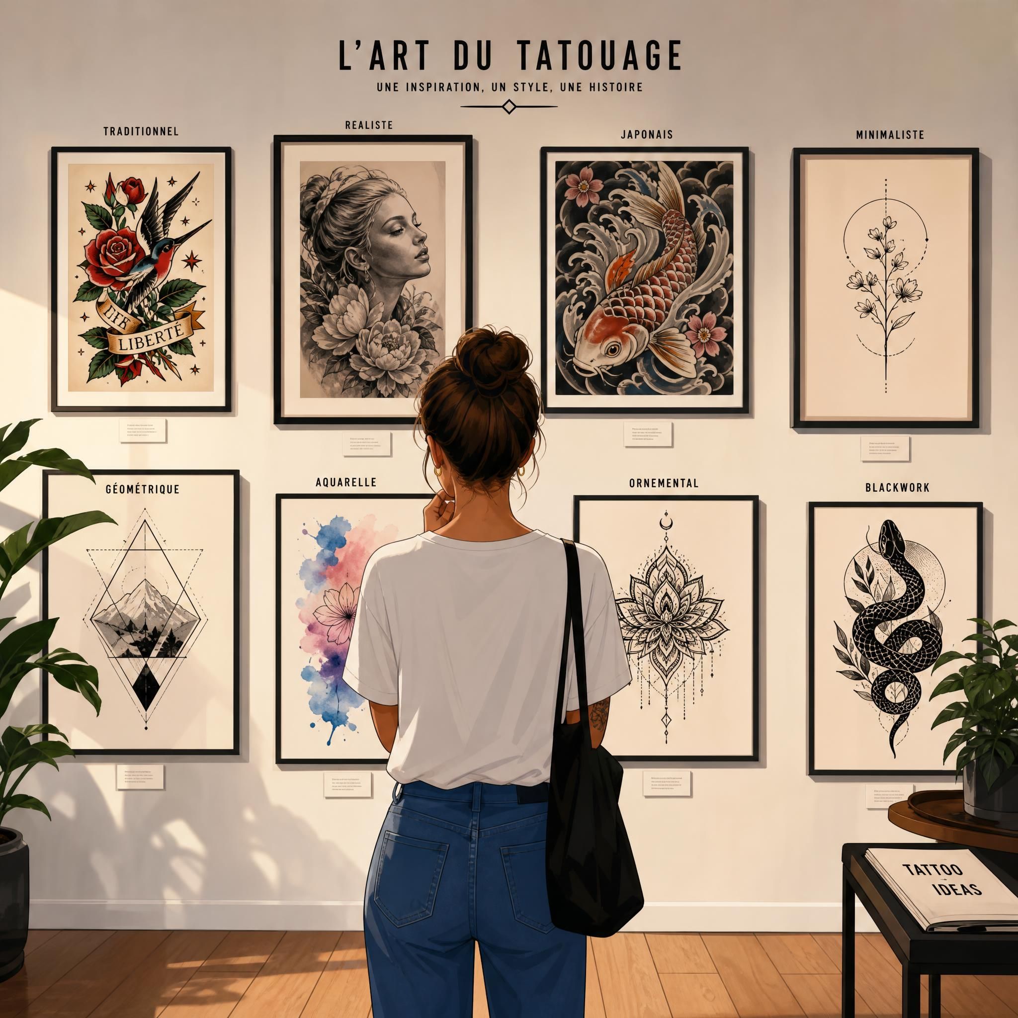 Illustration inspirante d'une personne contemplant différents styles de tatouages présentés comme des tableaux sur un mur de galerie, style illustratif coloré
