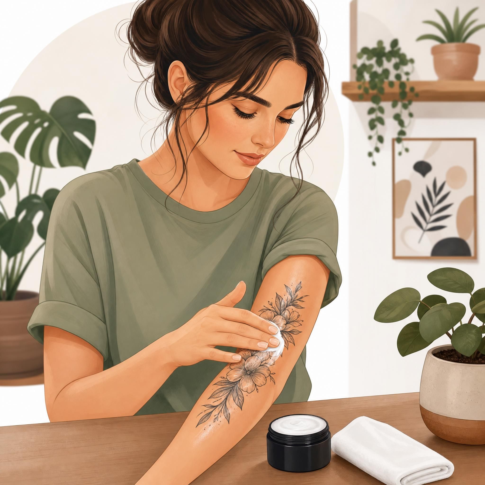 Illustration d'une personne appliquant une crème hydratante sur un tatouage fraîchement réalisé sur l'avant-bras, style illustratif doux et bienveillant sans texte