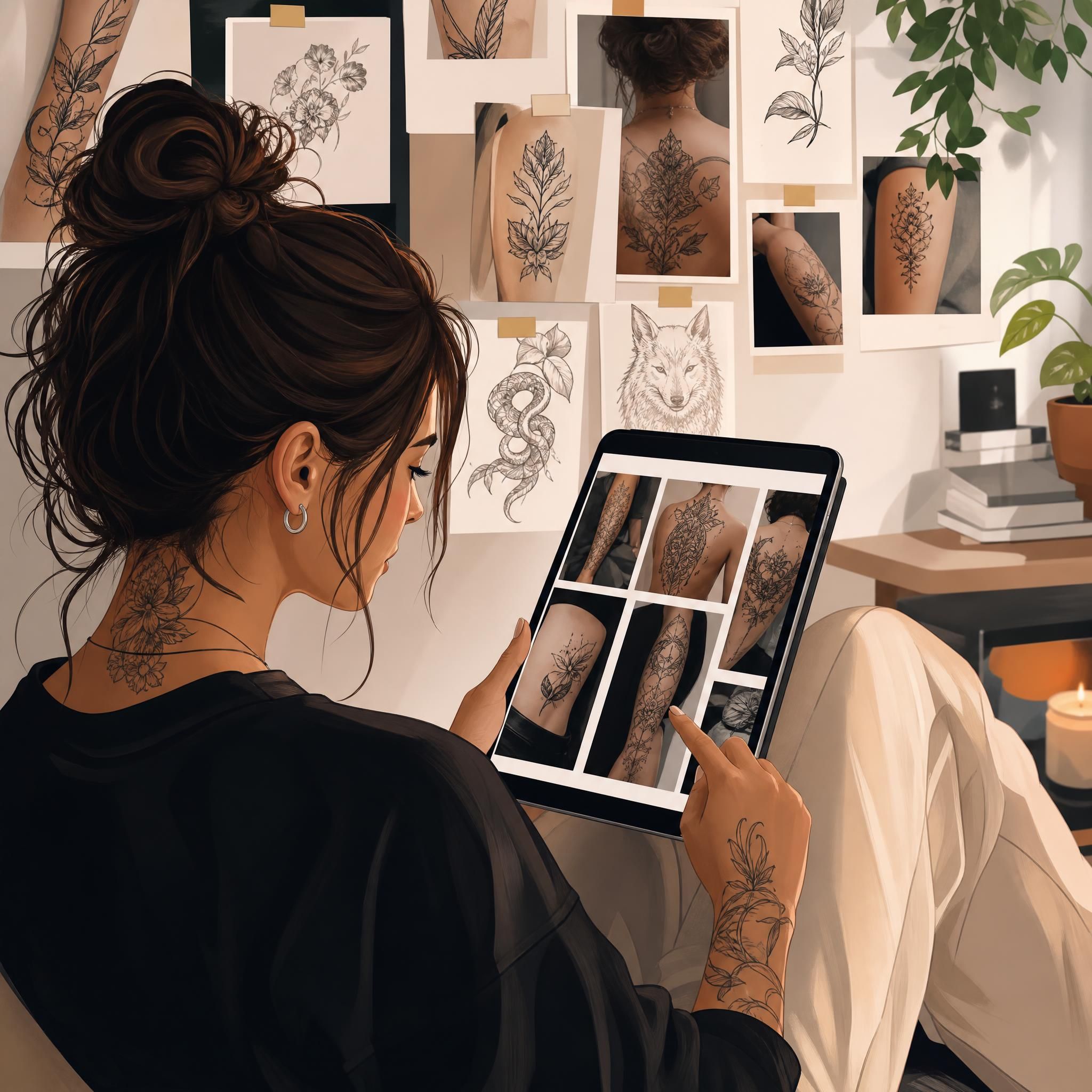 Illustration d'une personne parcourant des portfolios de tatoueurs sur une tablette ou un téléphone, entourée d'inspirations de tatouages épinglées, style illustratif moderne sans texte