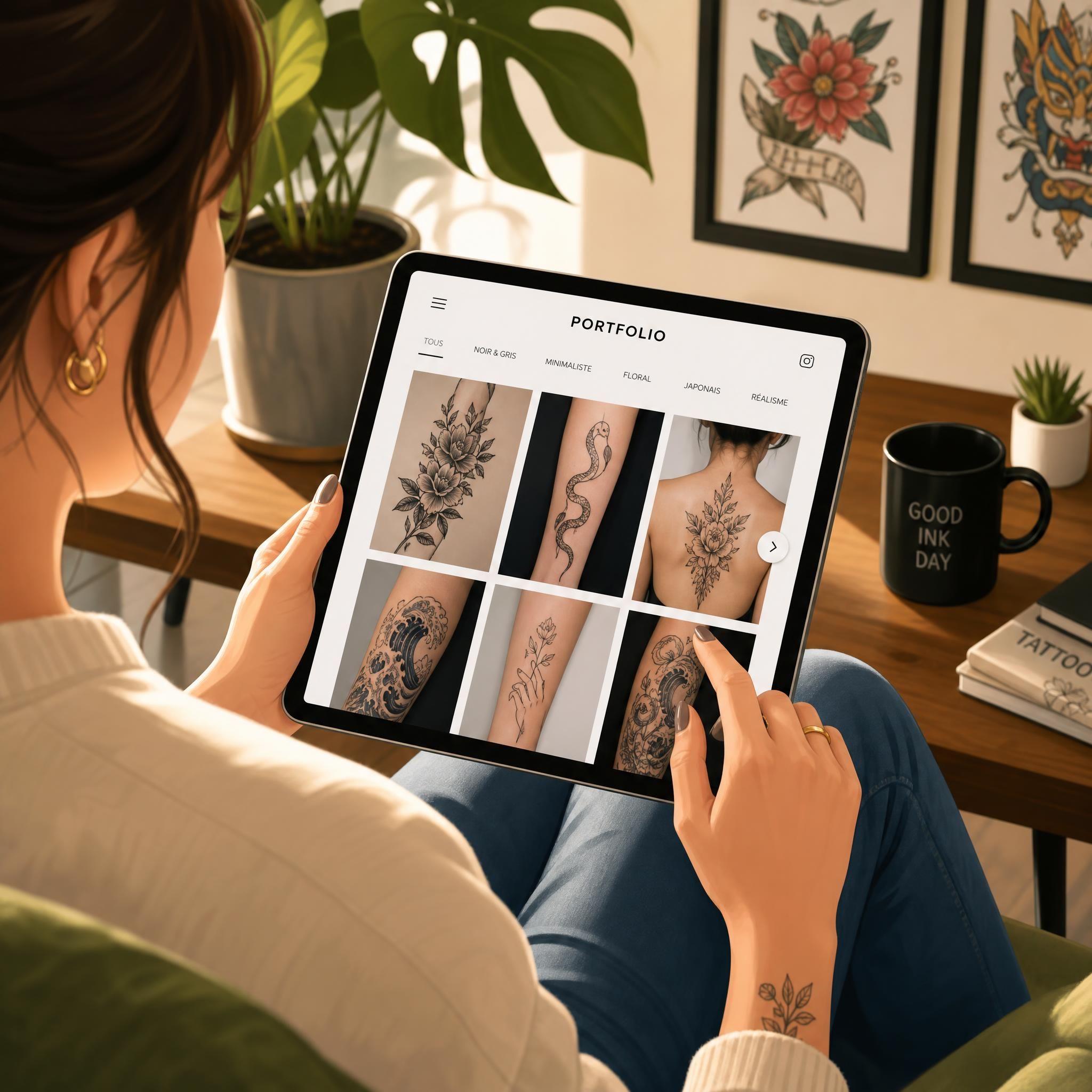 Illustration d'une personne feuilletant un portfolio de tatouages sur une tablette, style illustratif doux et coloré