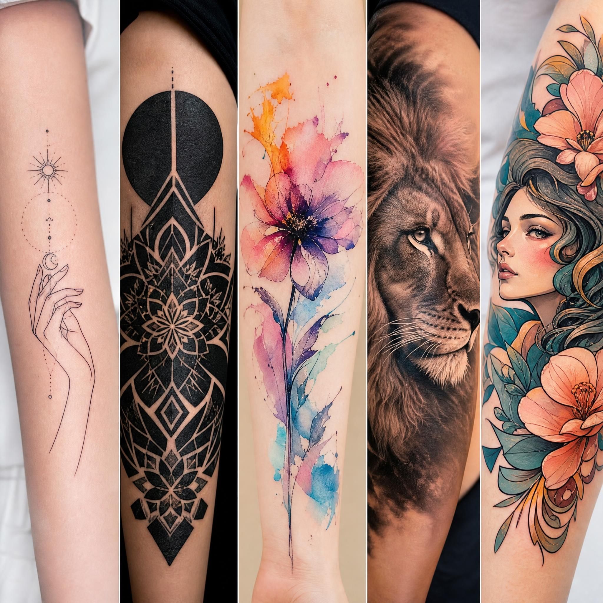 Illustration colorée montrant différents styles de tatouage côte à côte : fine line, blackwork, aquarelle, réalisme, style illustratif sans texte