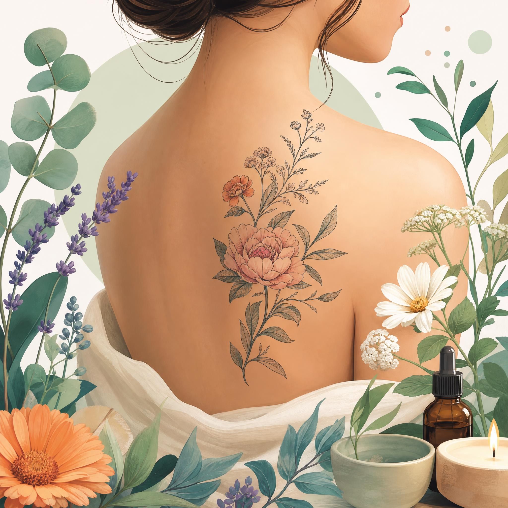 Illustration illustrative et apaisante d'une peau avec un tatouage floral entouré d'éléments botaniques symbolisant la guérison et le soin, style doux et coloré sans texte