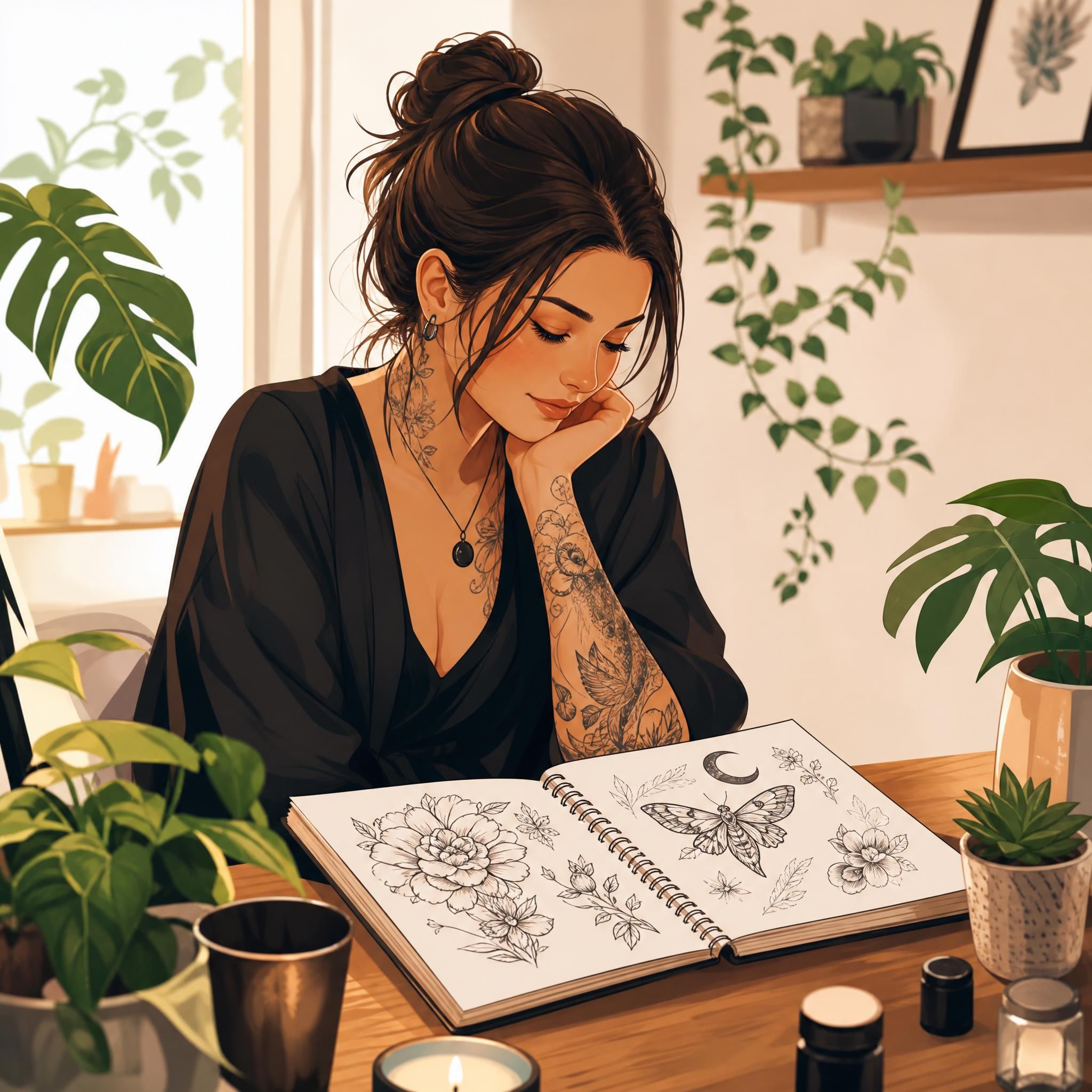 Illustration illustrative et bienveillante représentant une femme contemplant un carnet de croquis de tatouages, entourée de plantes et de lumière douce, style illustratif coloré sans texte