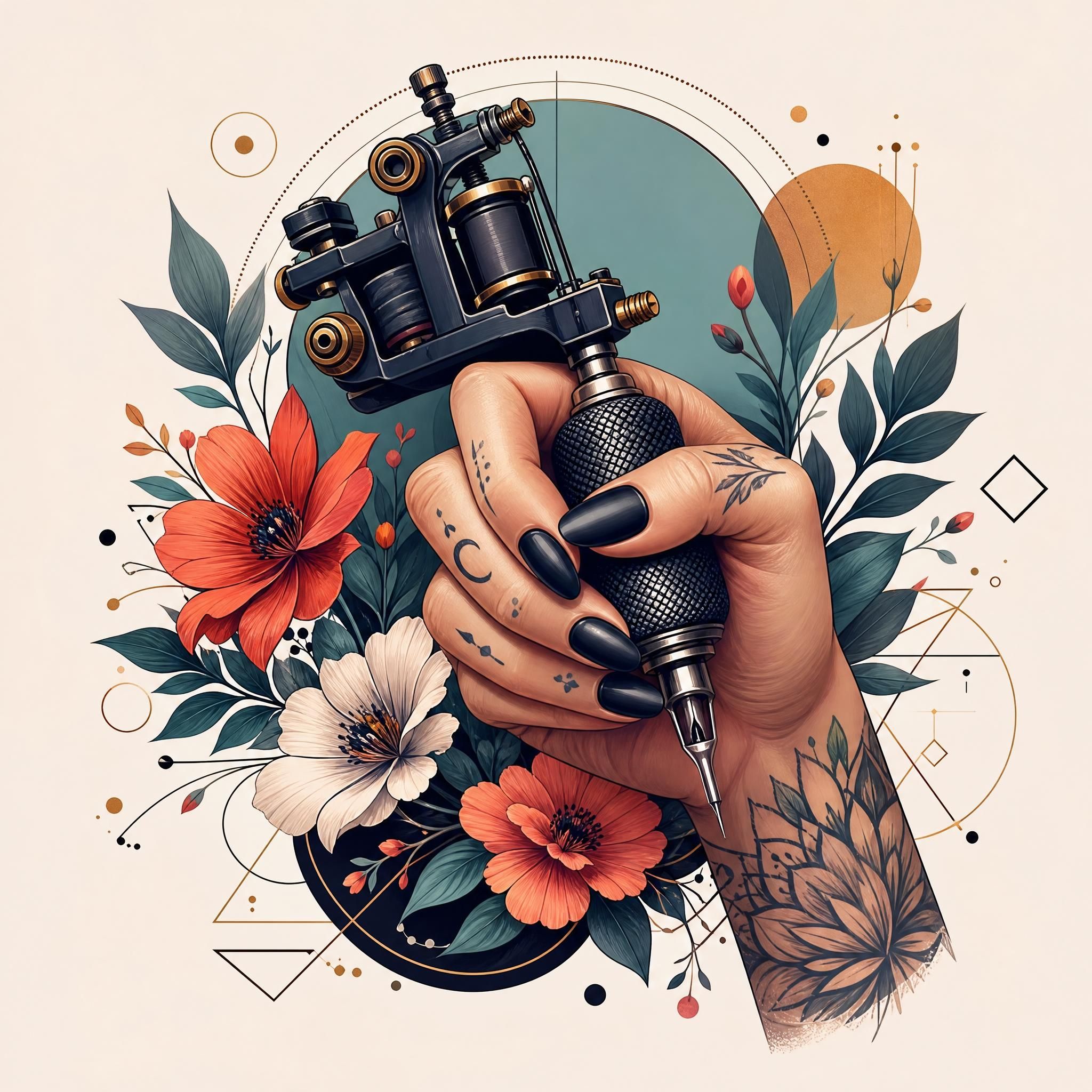 Illustration colorée et illustrative d'une main tenant une machine à tatouer entourée de motifs floraux et géométriques, style illustratif sans texte