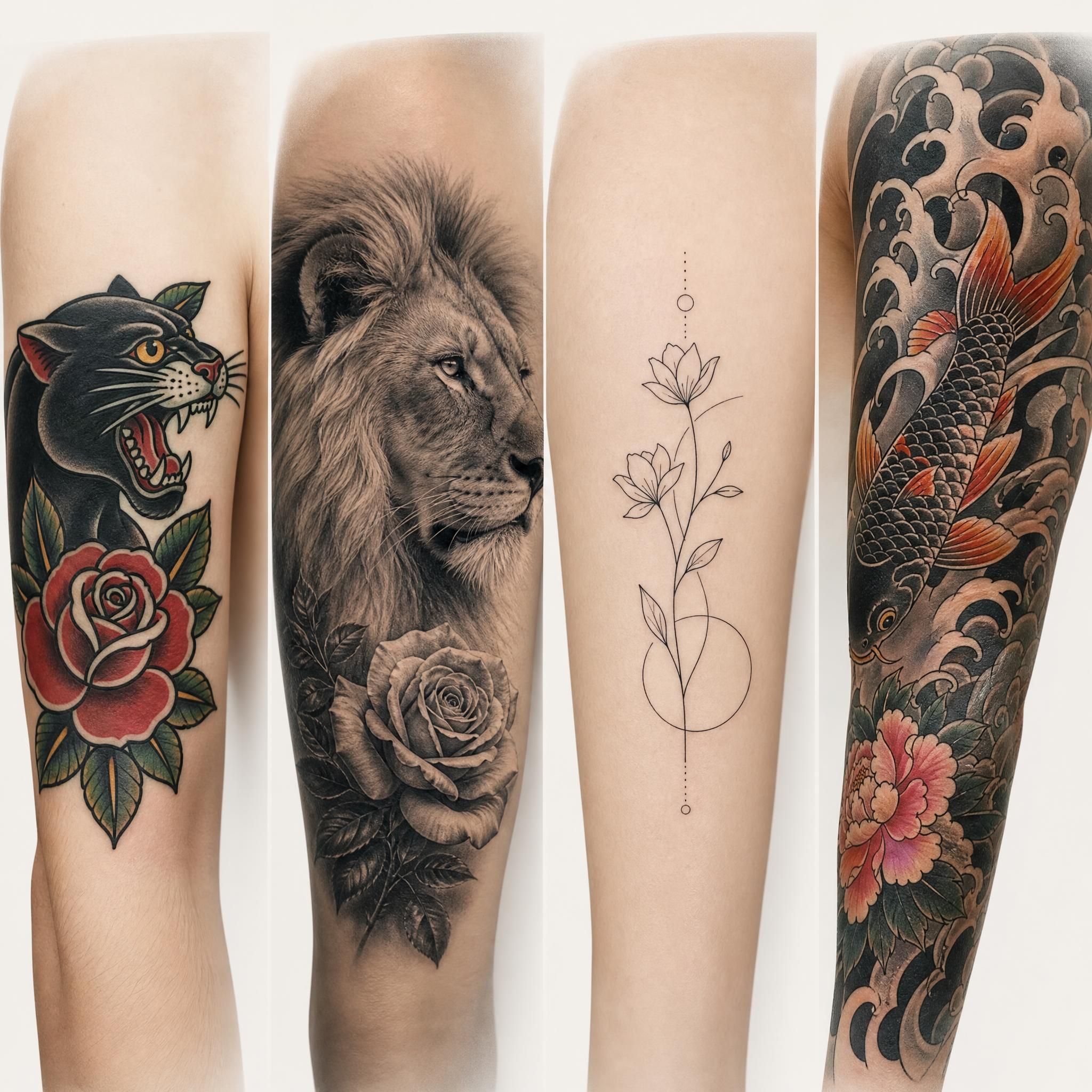 Illustration illustrative montrant différents styles de tatouage côte à côte — old school, réaliste, minimaliste, japonais — sur fond clair, sans texte