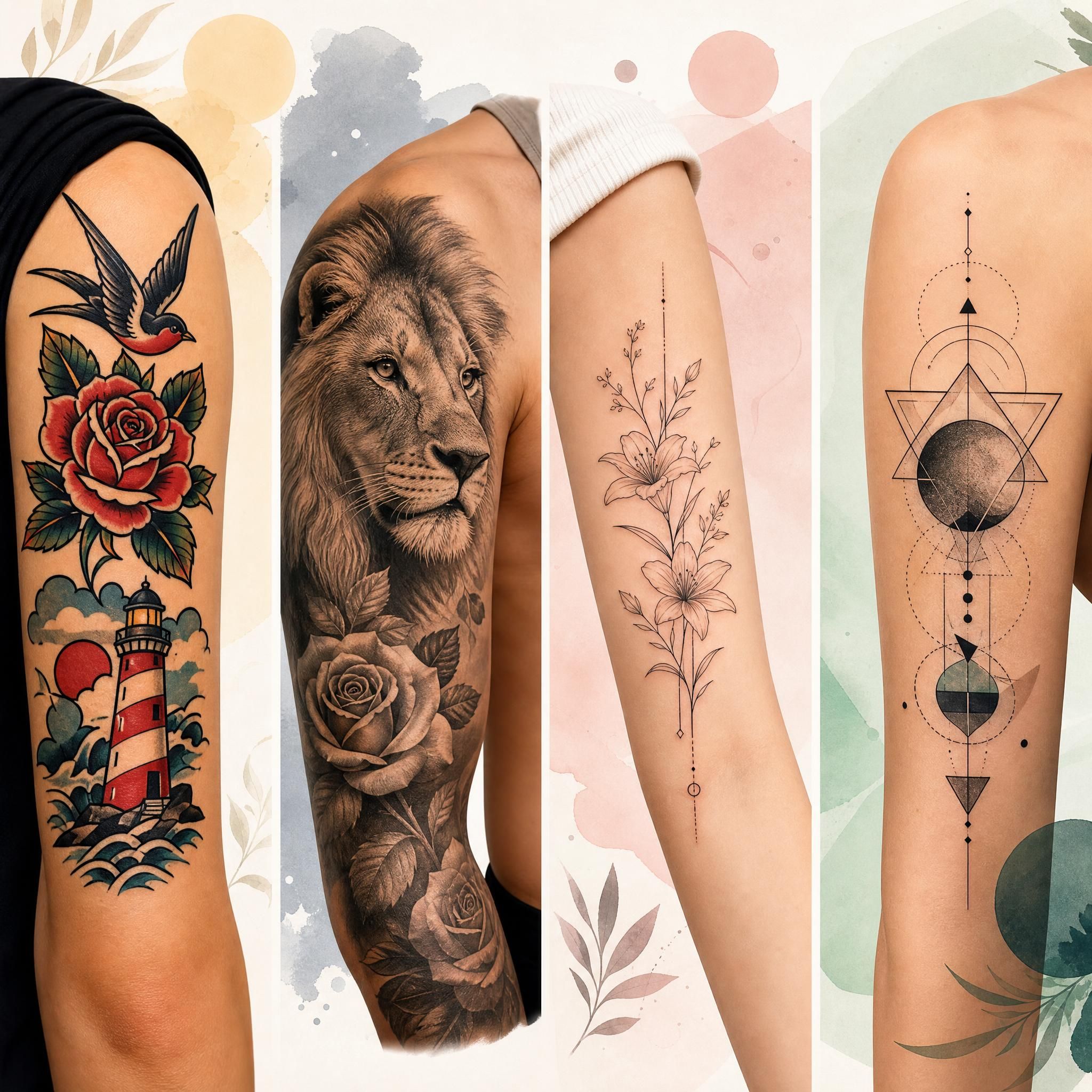 Illustration montrant une planche comparative de différents styles de tatouage (traditionnel, réalisme, fine line, géométrique), style illustratif coloré sans texte