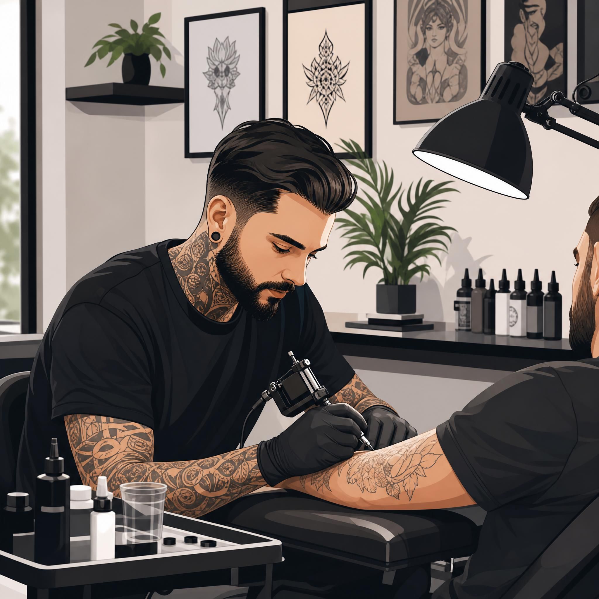 Illustration illustrative d'un tatoueur au travail dans un studio moderne et propre, style graphique sans texte