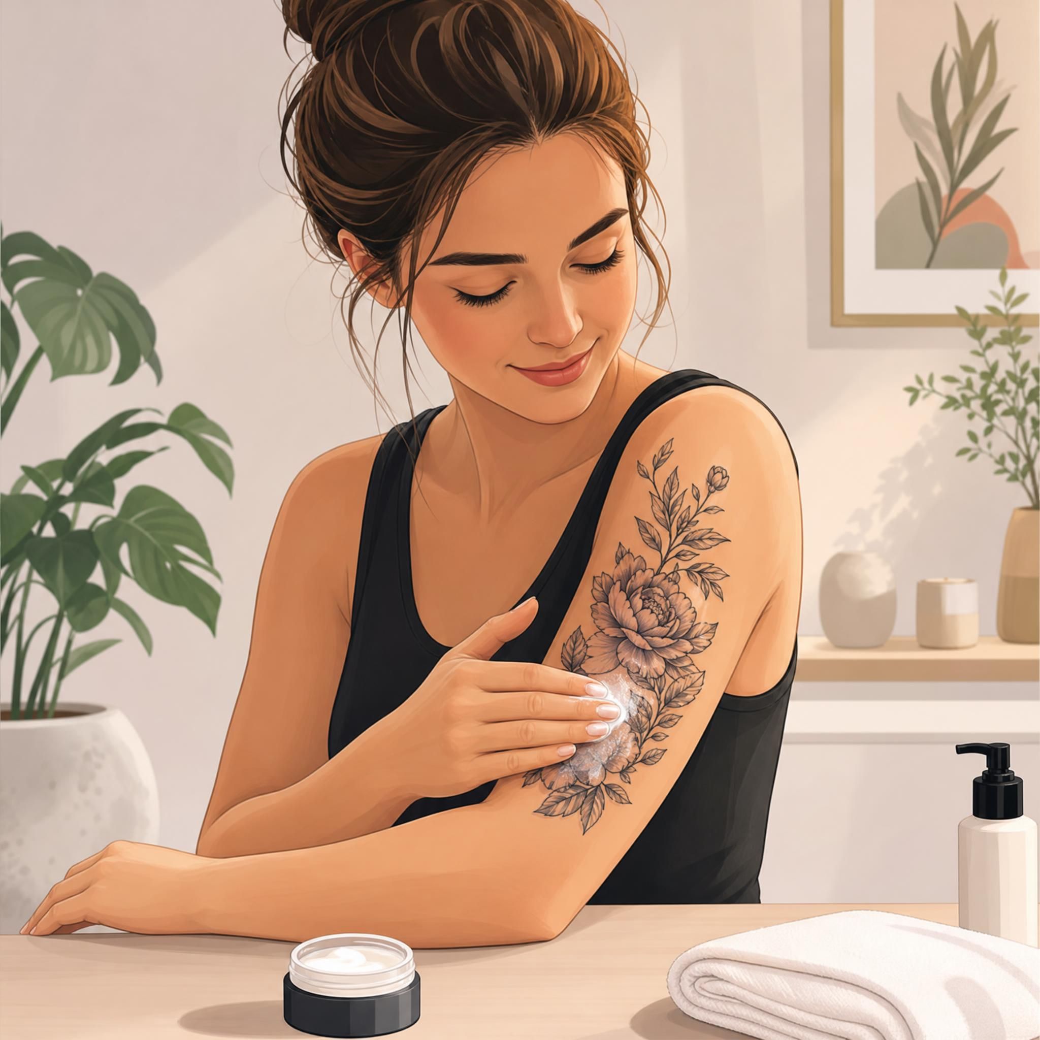 Illustration d'une personne appliquant une crème hydratante sur un tatouage fraîchement réalisé, style illustratif doux et rassurant sans texte