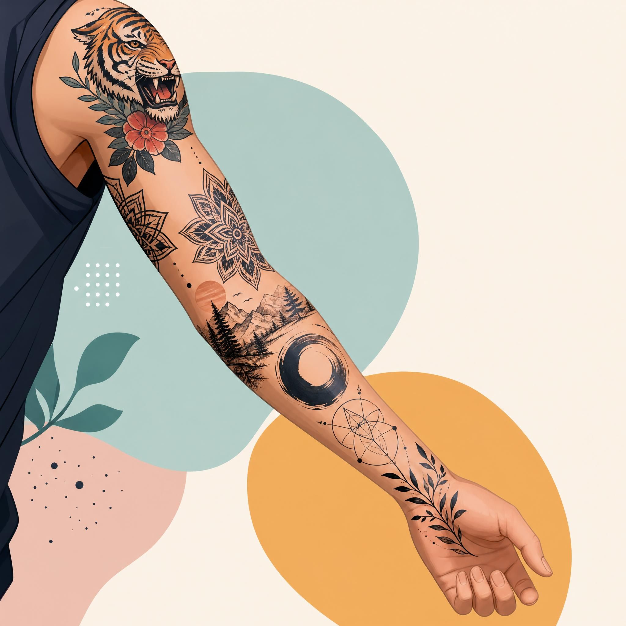Illustration colorée et illustrative d'un bras tatoué avec différents styles de tatouage modernes, style graphique sans texte