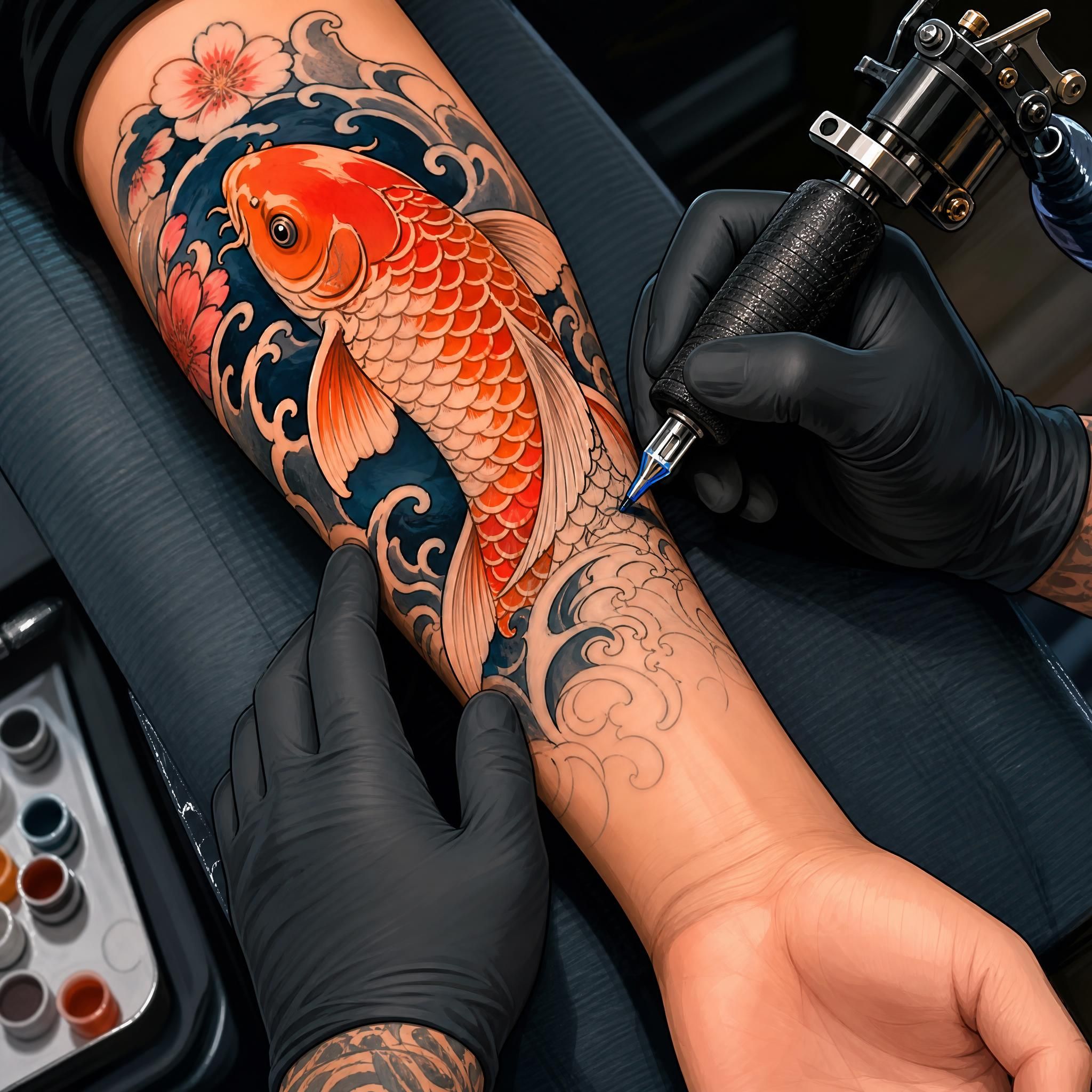 Illustration d'un tatouage japonais de carpe koï en cours de réalisation sur un avant-bras, rendu illustratif et coloré sans texte