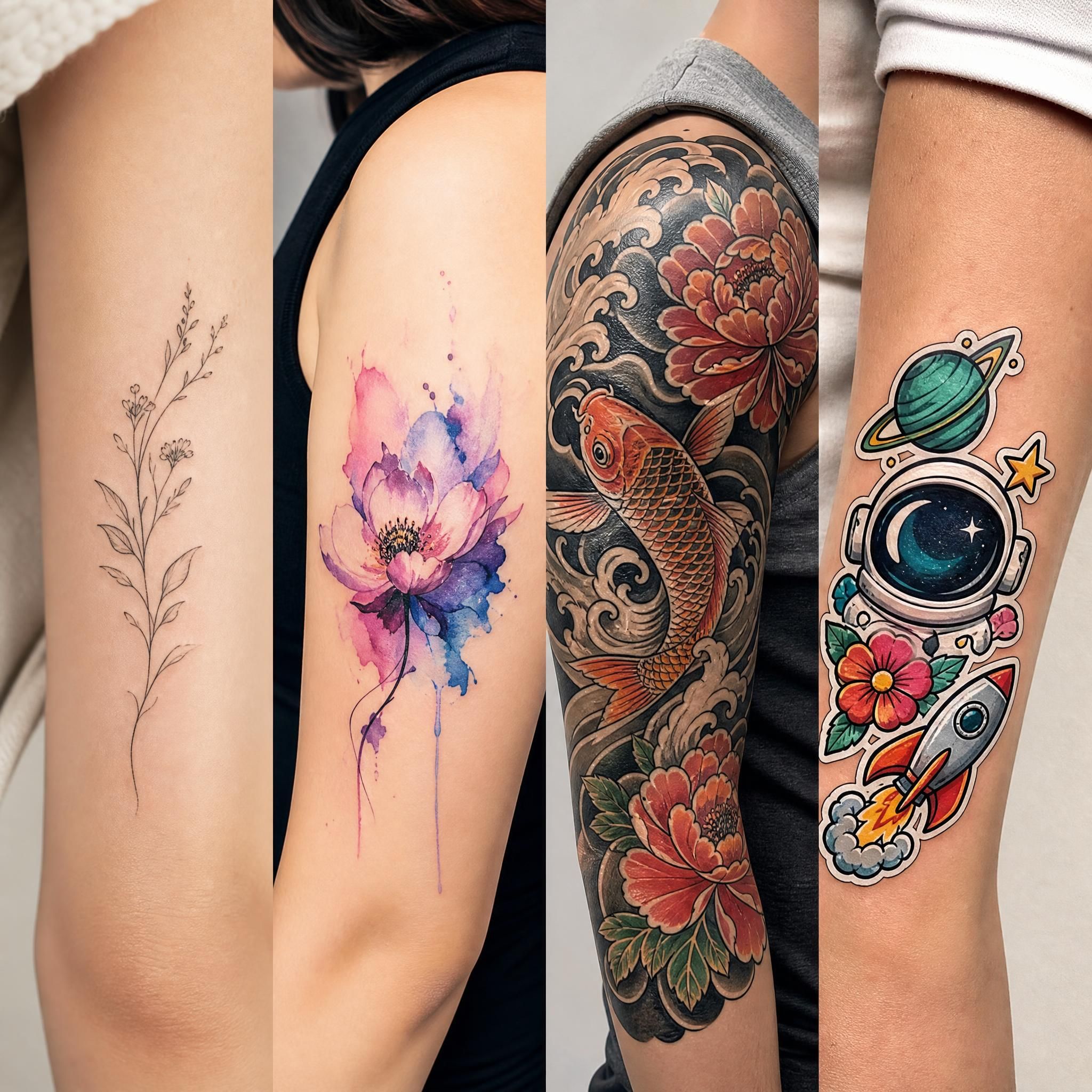 Illustration illustrative montrant une variété de styles de tatouage côte à côte – fine line, aquarelle, japonais, sticker style – sans texte