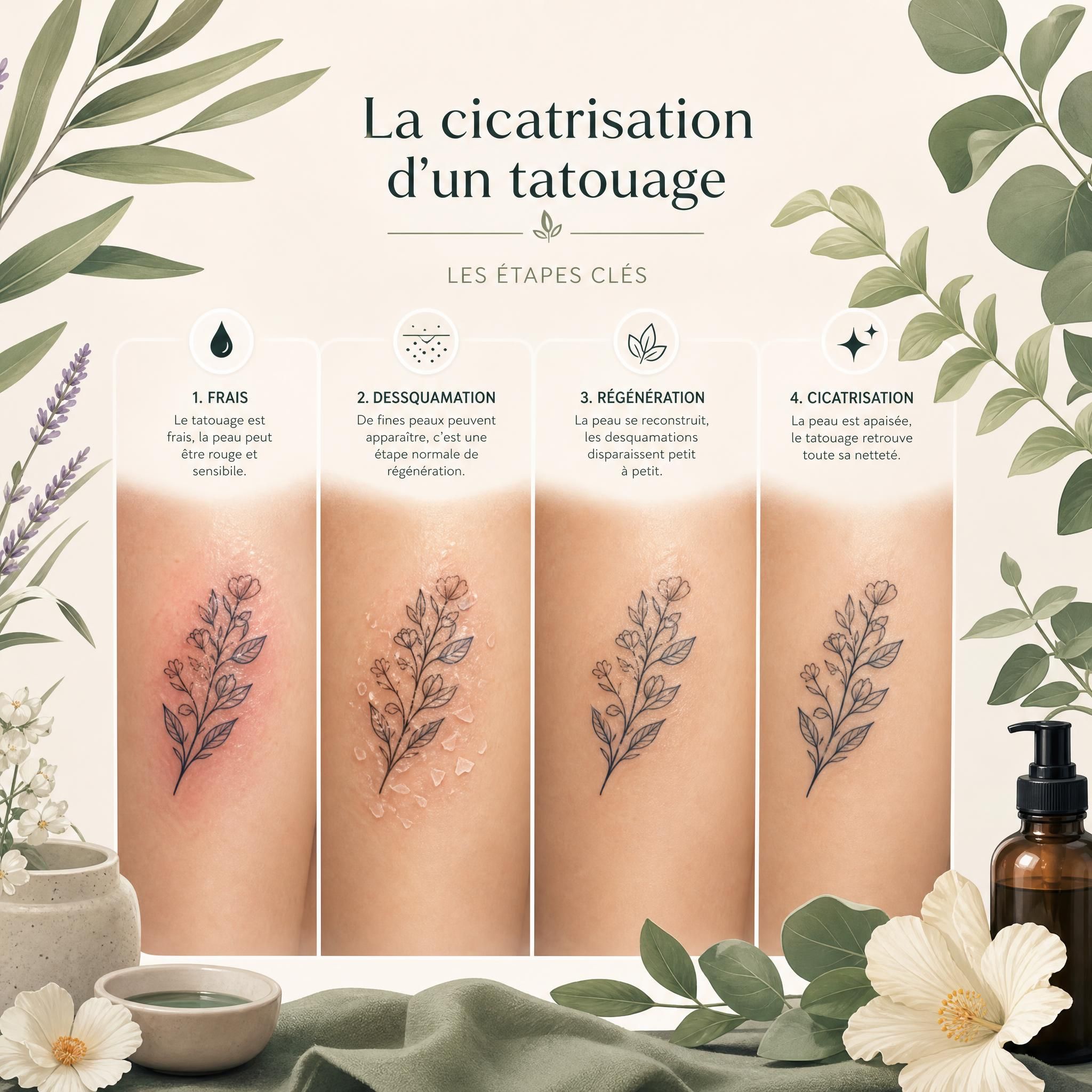 Illustration douce et illustrative d'une peau qui cicatrise après un tatouage, avec des éléments botaniques apaisants autour, style graphique