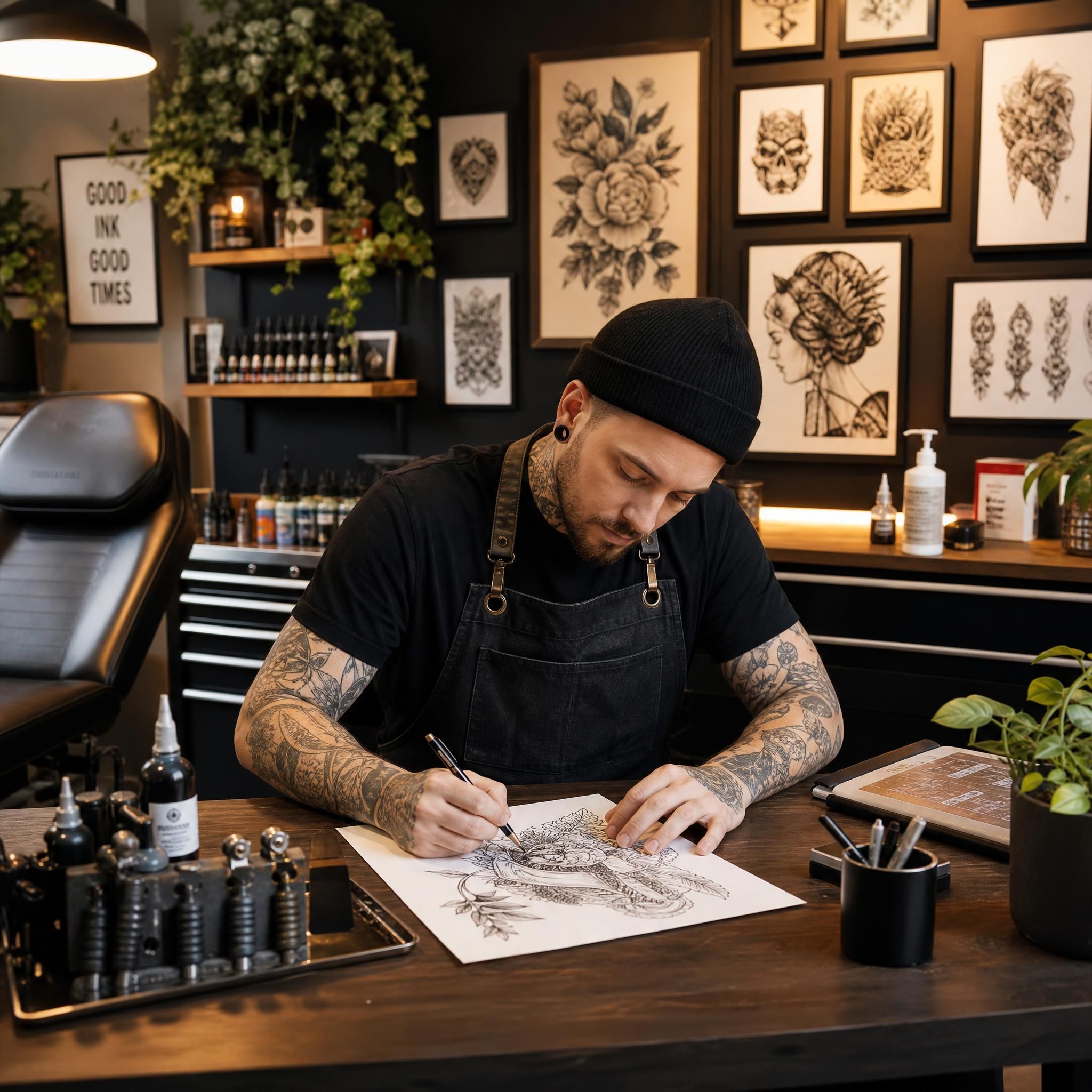 Illustration illustrative d'un tatoueur professionnel dans son studio moderne, entouré de références artistiques et d'outils, style graphique chaleureux