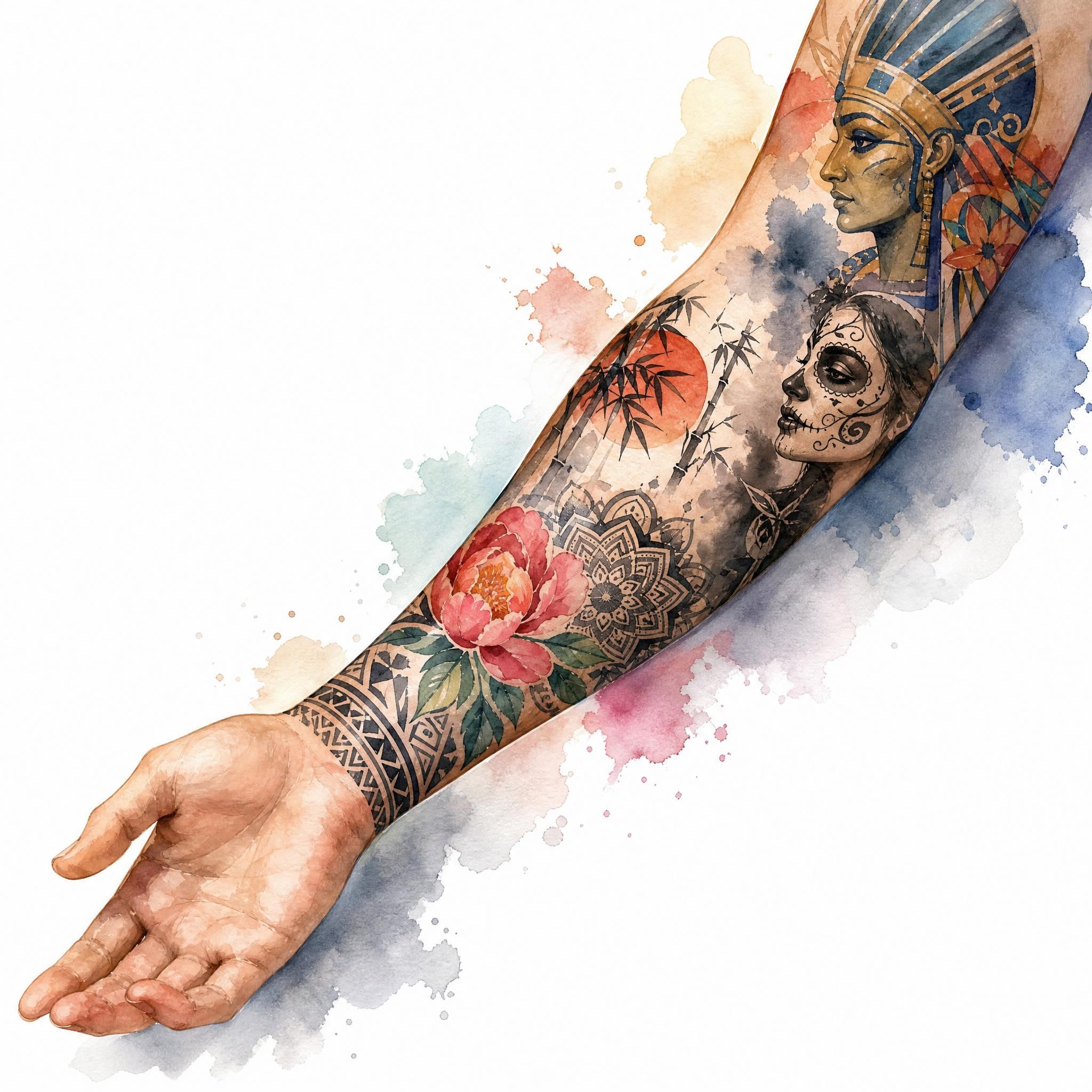 Illustration aquarelle d'un bras tatoué avec différents styles artistiques représentant la diversité culturelle du tatouage, sans texte