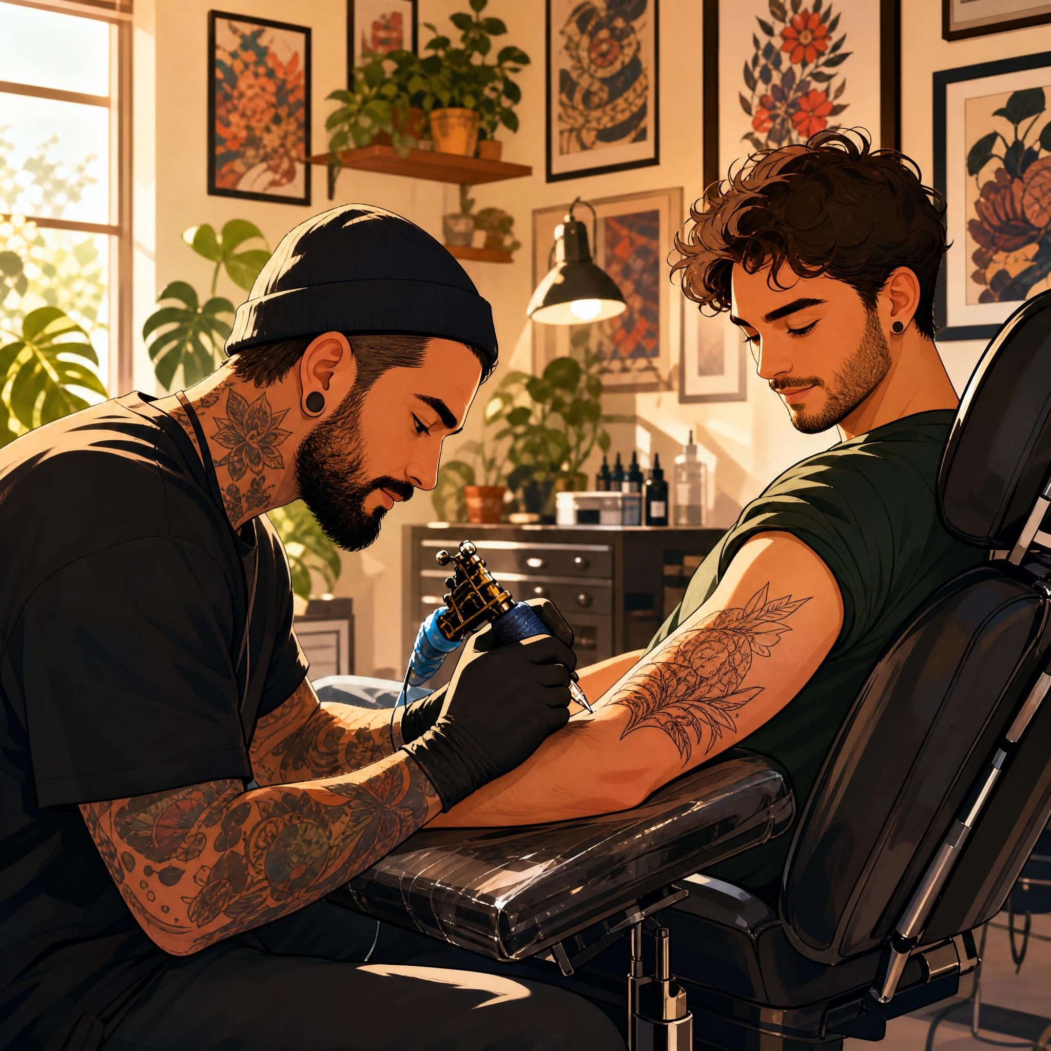 Illustration colorée et chaleureuse d'un tatoueur travaillant sur le bras d'un client dans un studio lumineux, style illustratif sans texte